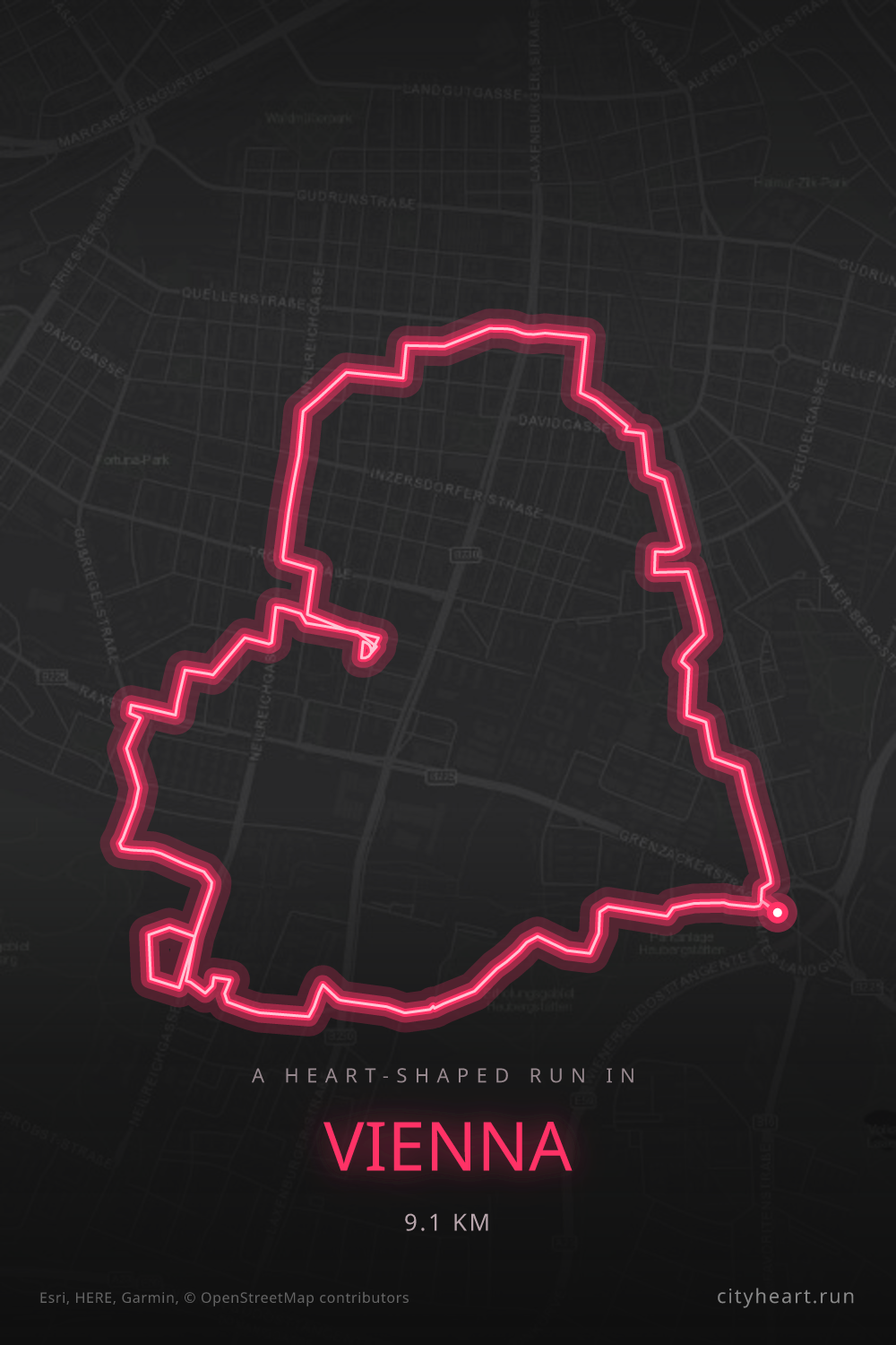 Heart-shaped running route in Vienna, 9.1 km — GPS art for Strava
