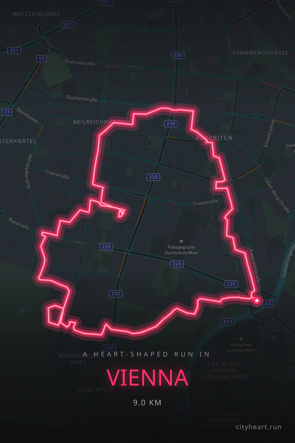 Heart-shaped running route in Vienna, 9.1 km — GPS art for Strava