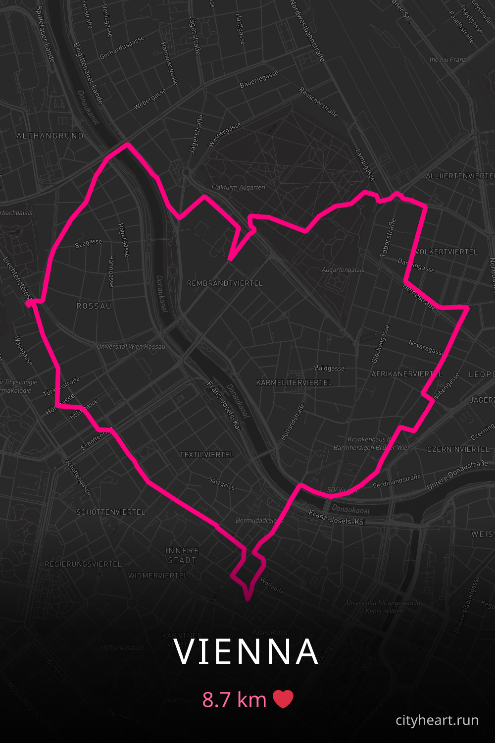 Heart-shaped running route in Vienna, 8.7 km — GPS art for Strava