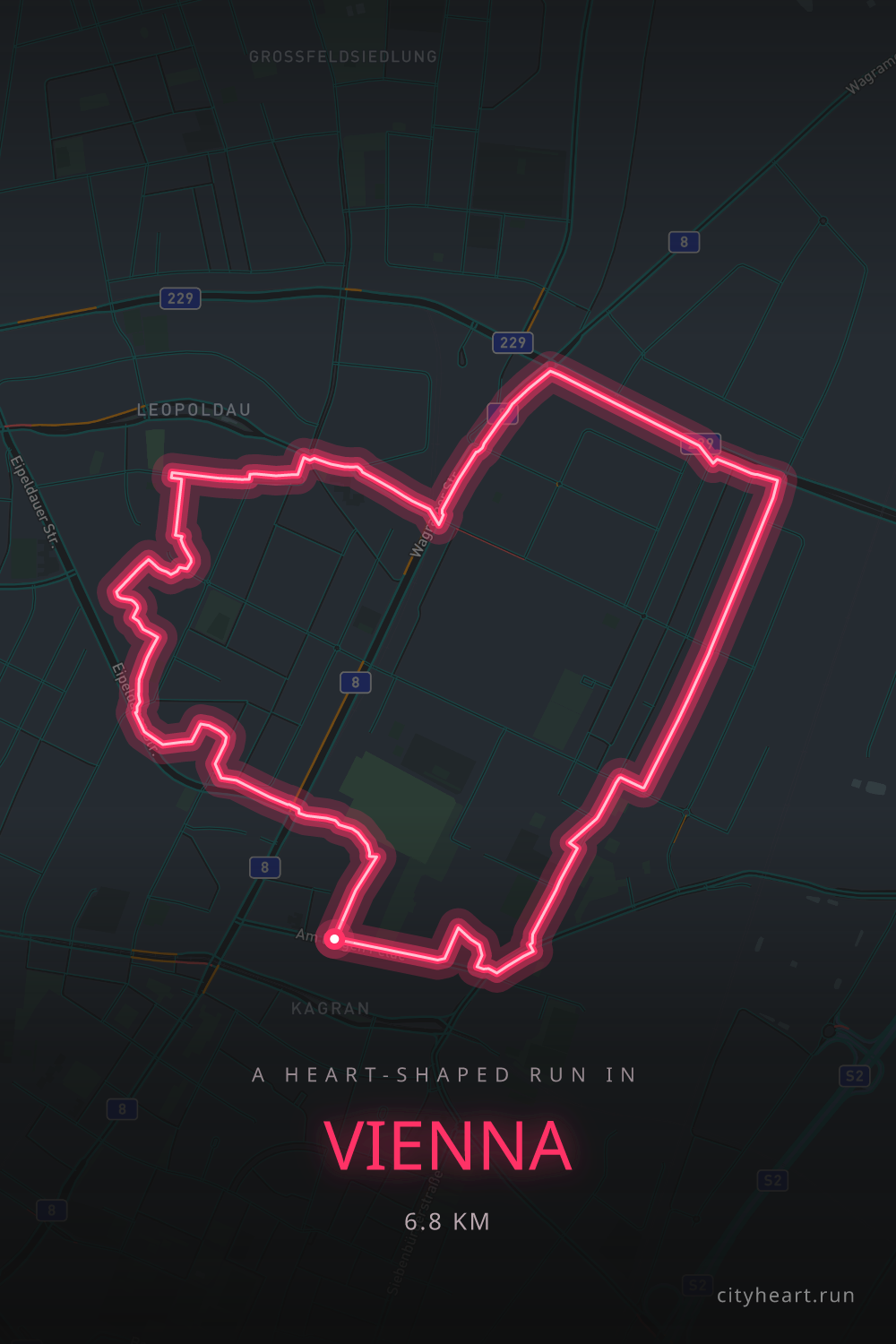 Heart-shaped running route in Vienna, 6.8 km — GPS art for Strava