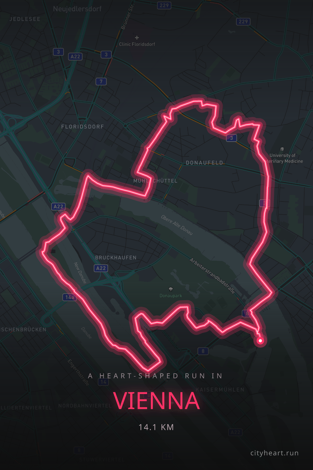 Heart-shaped running route in Vienna, 14.1 km — GPS art for Strava