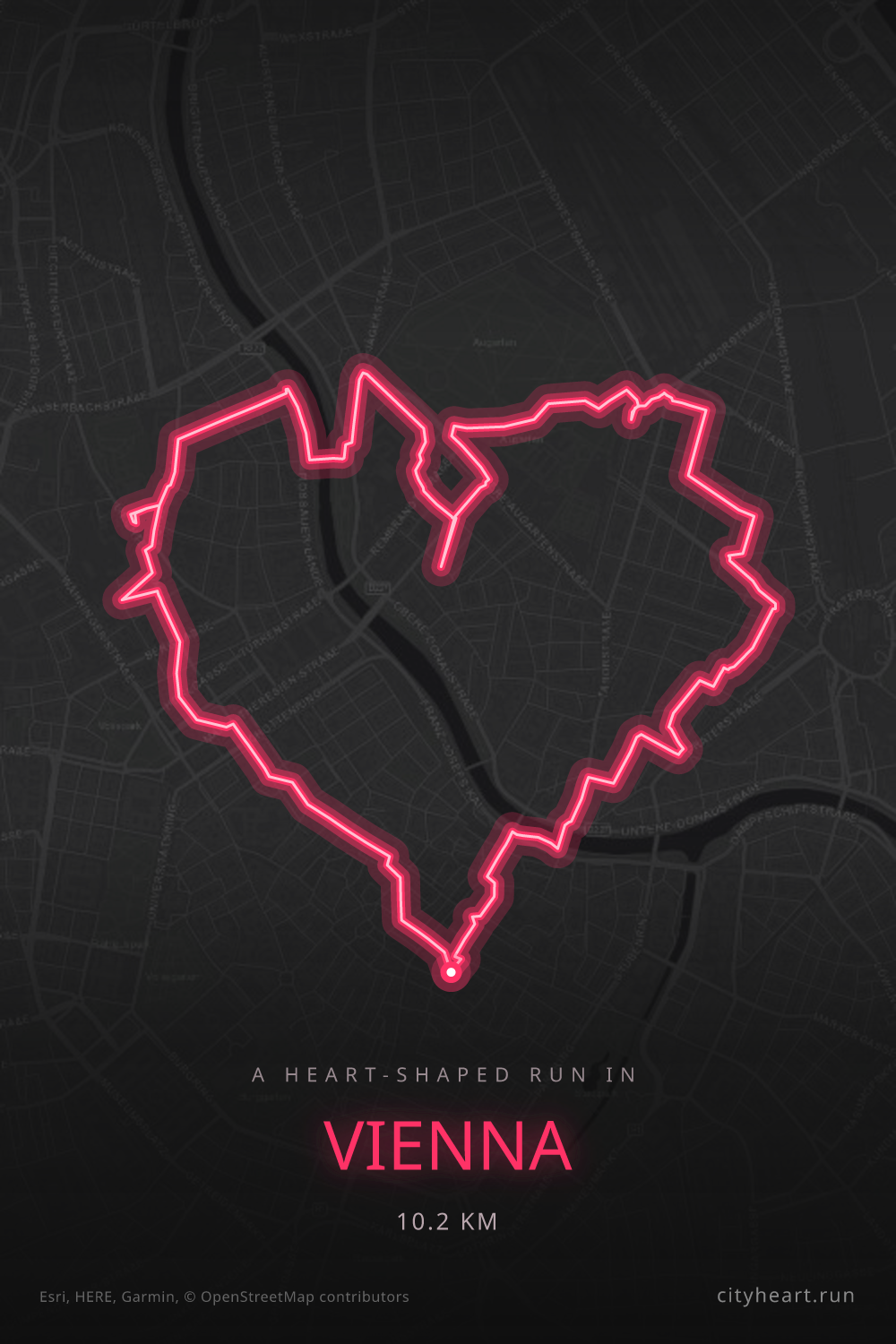 Heart-shaped running route in Vienna, 10.2 km — GPS art for Strava