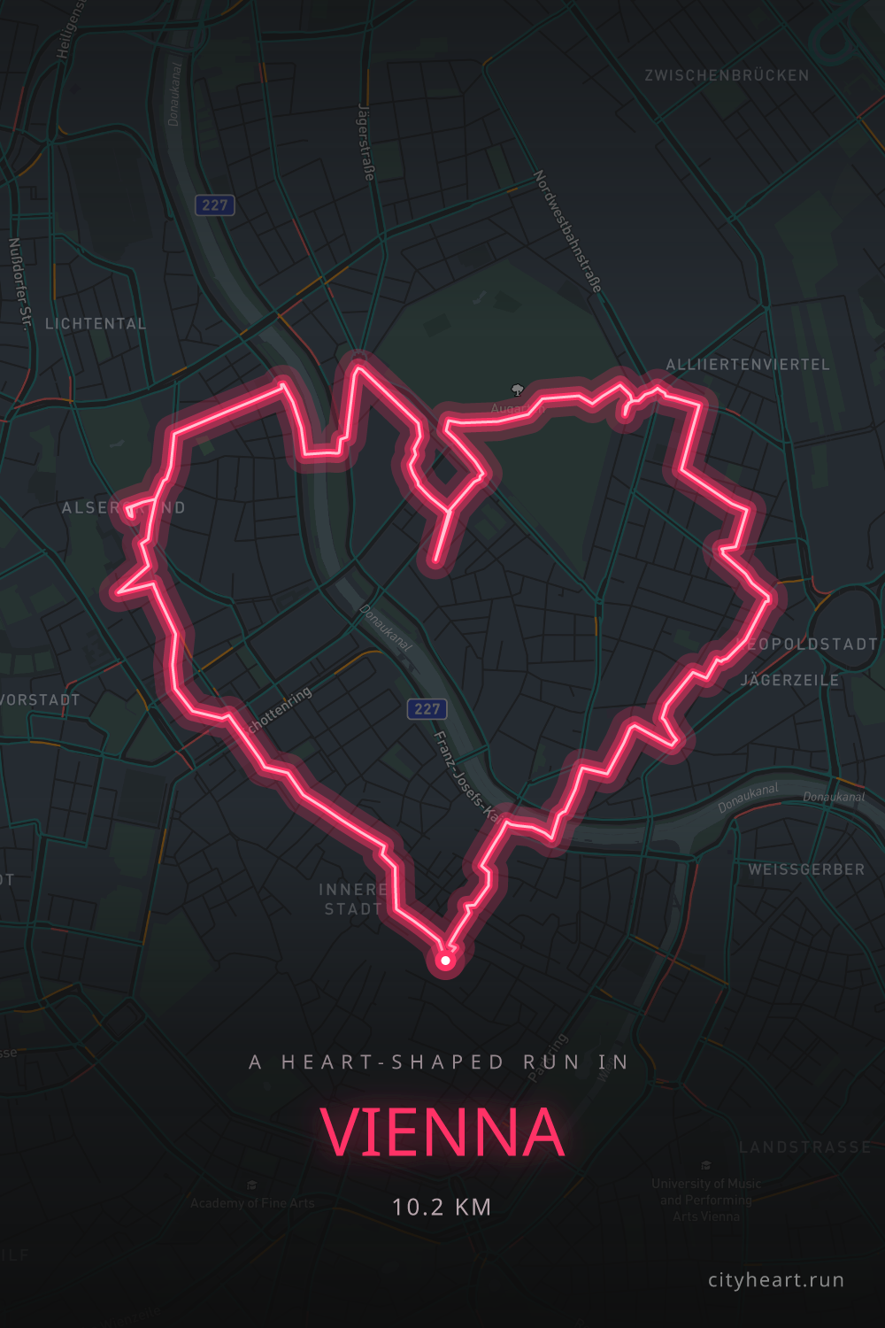 Heart-shaped running route in Vienna, 10.2 km — GPS art for Strava