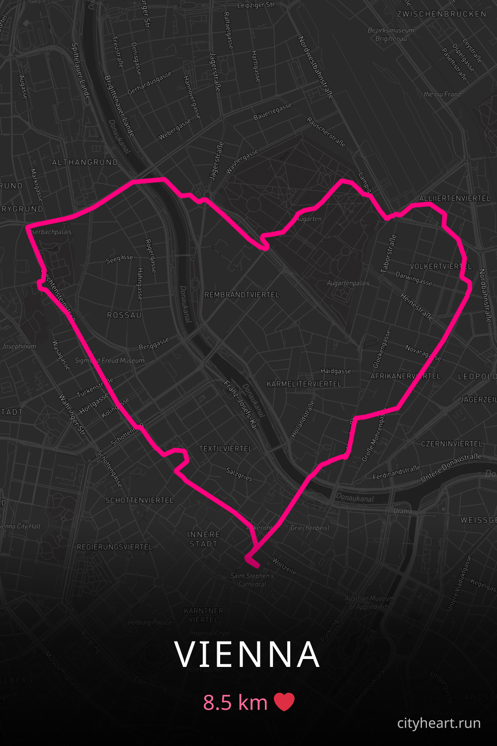 Heart-shaped running route in Vienna, 8.5 km — GPS art for Strava