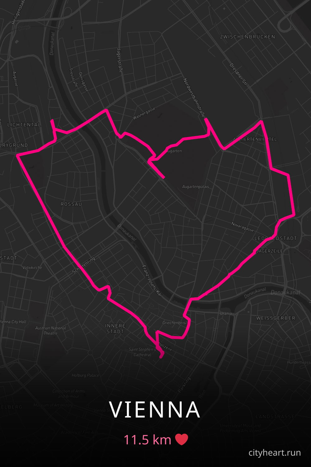Heart-shaped running route in Vienna, 11.5 km — GPS art for Strava