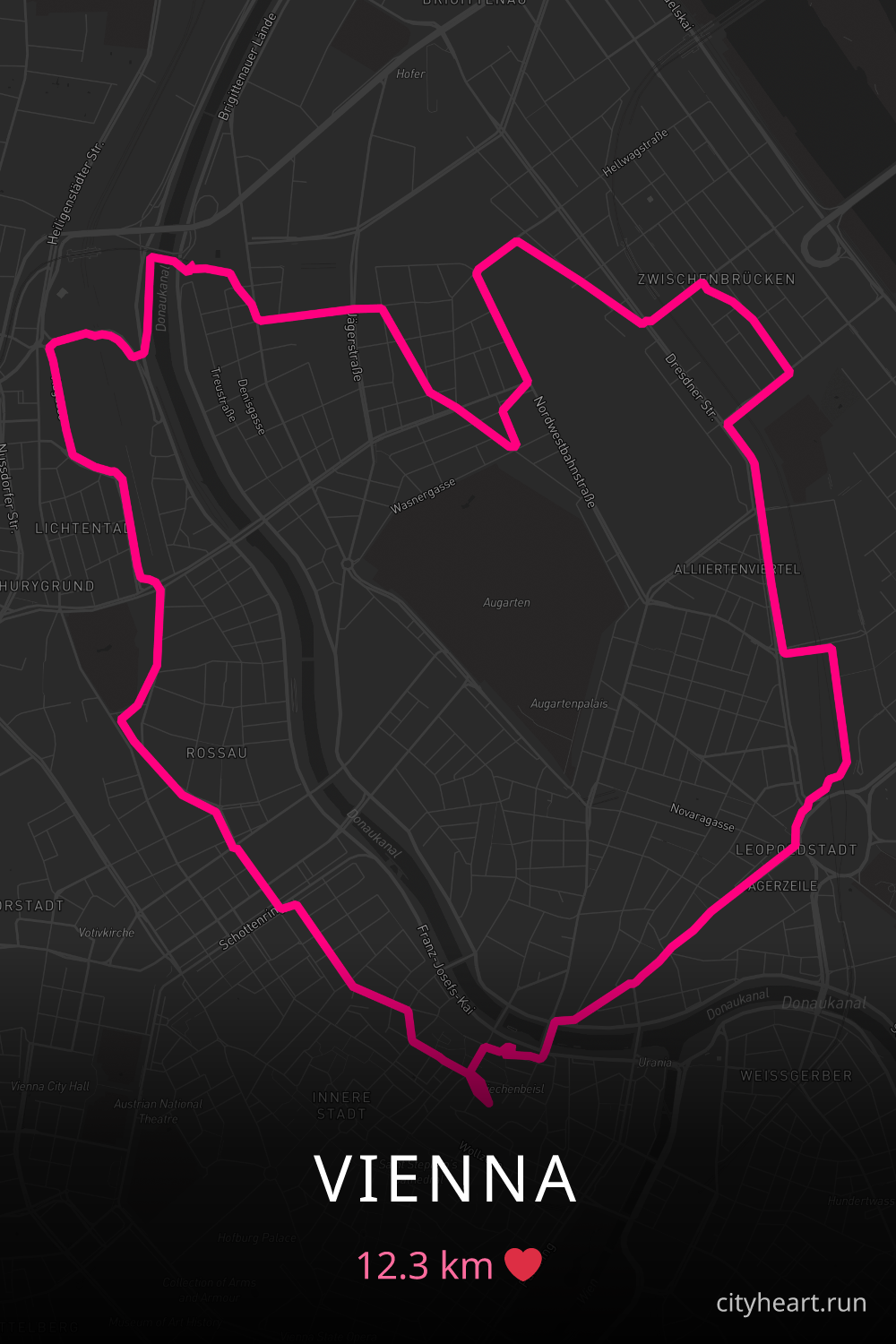 Heart-shaped running route in Vienna, 12.3 km — GPS art for Strava
