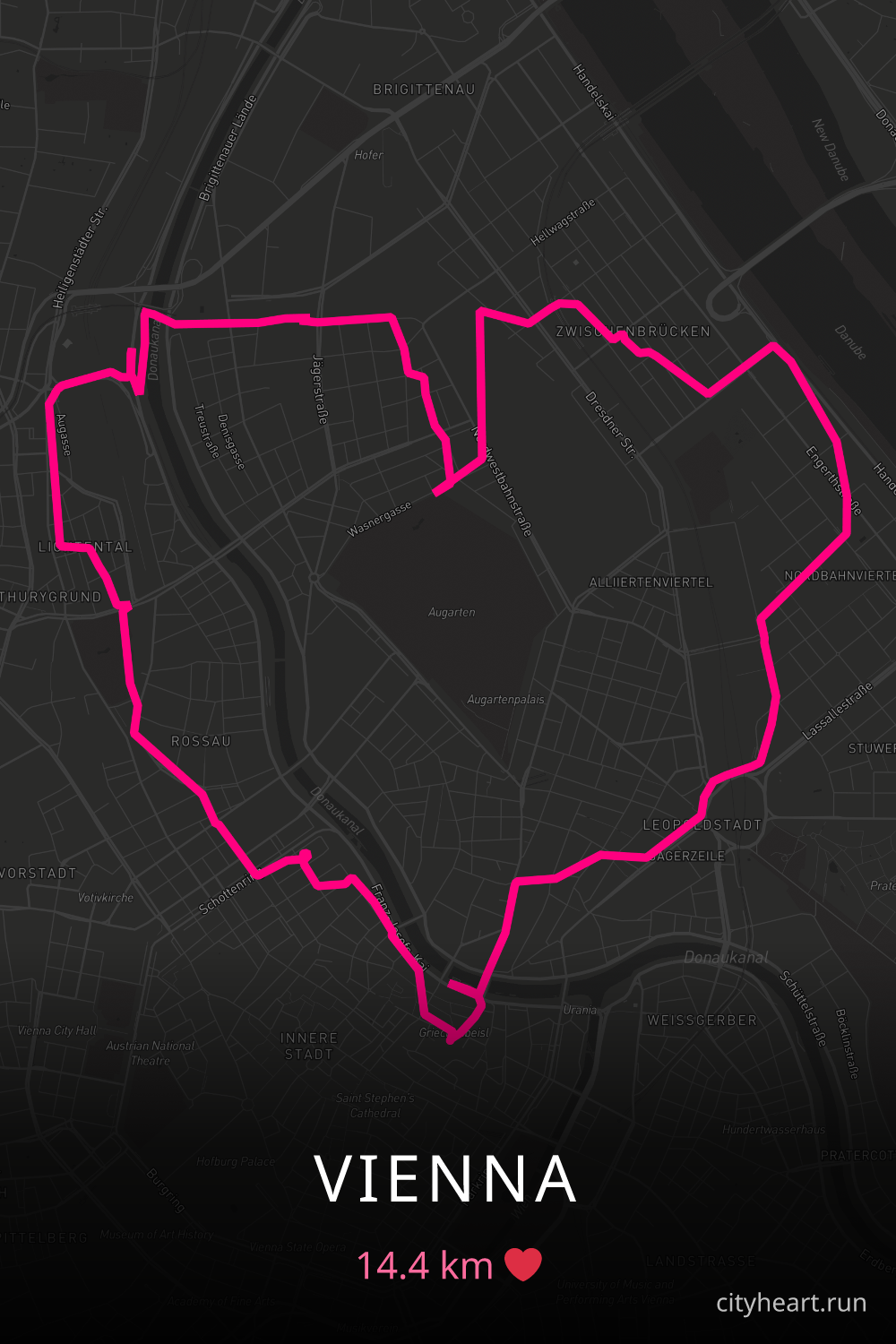 Heart-shaped running route in Vienna, 14.4 km — GPS art for Strava