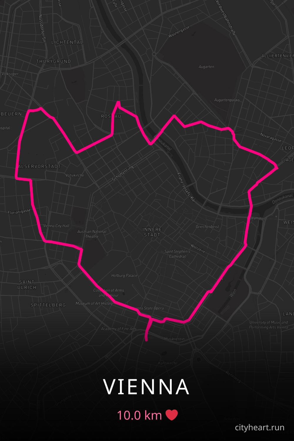 Heart-shaped running route in Vienna, 10.0 km — GPS art for Strava