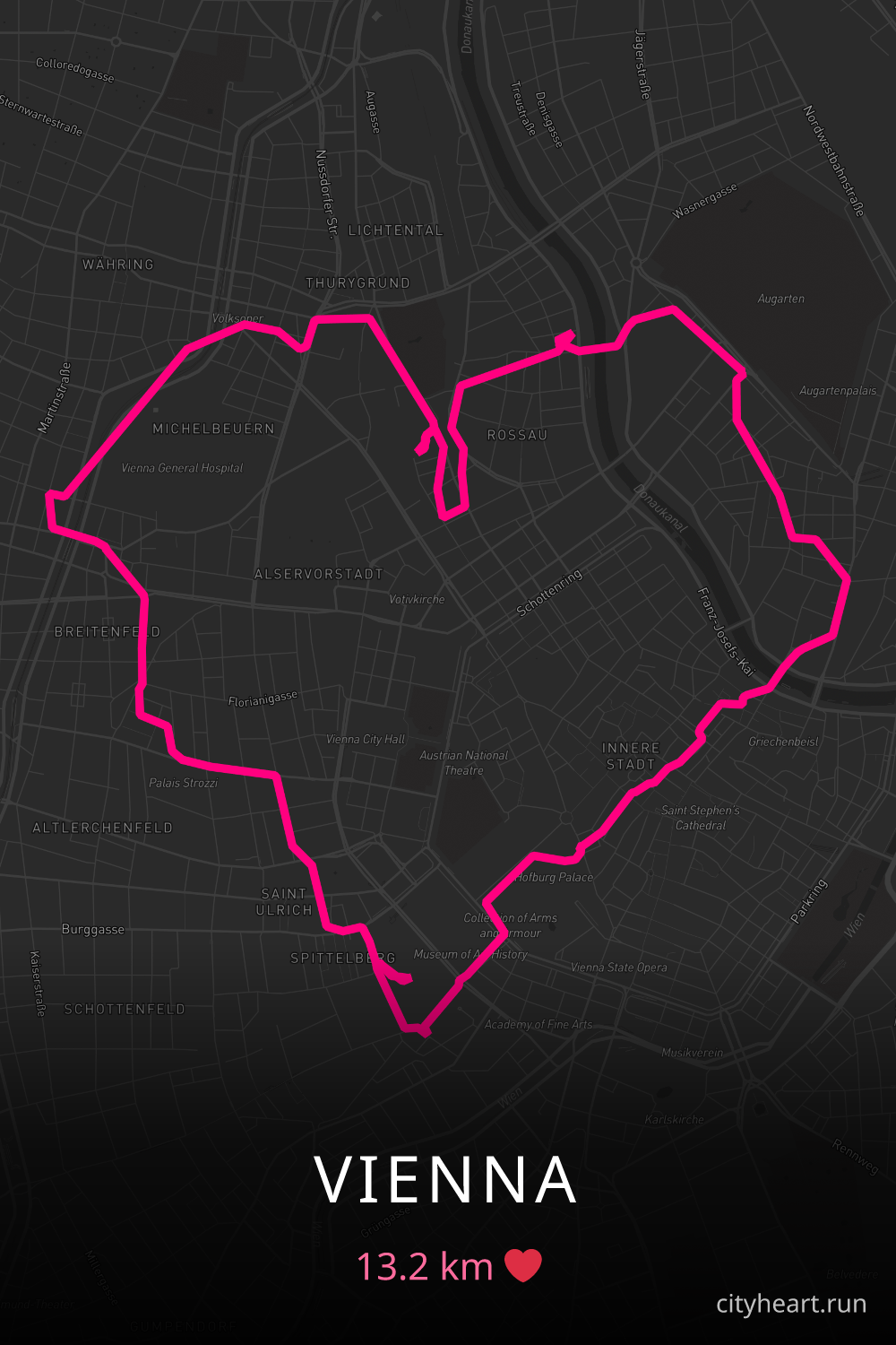 Heart-shaped running route in Vienna, 13.2 km — GPS art for Strava