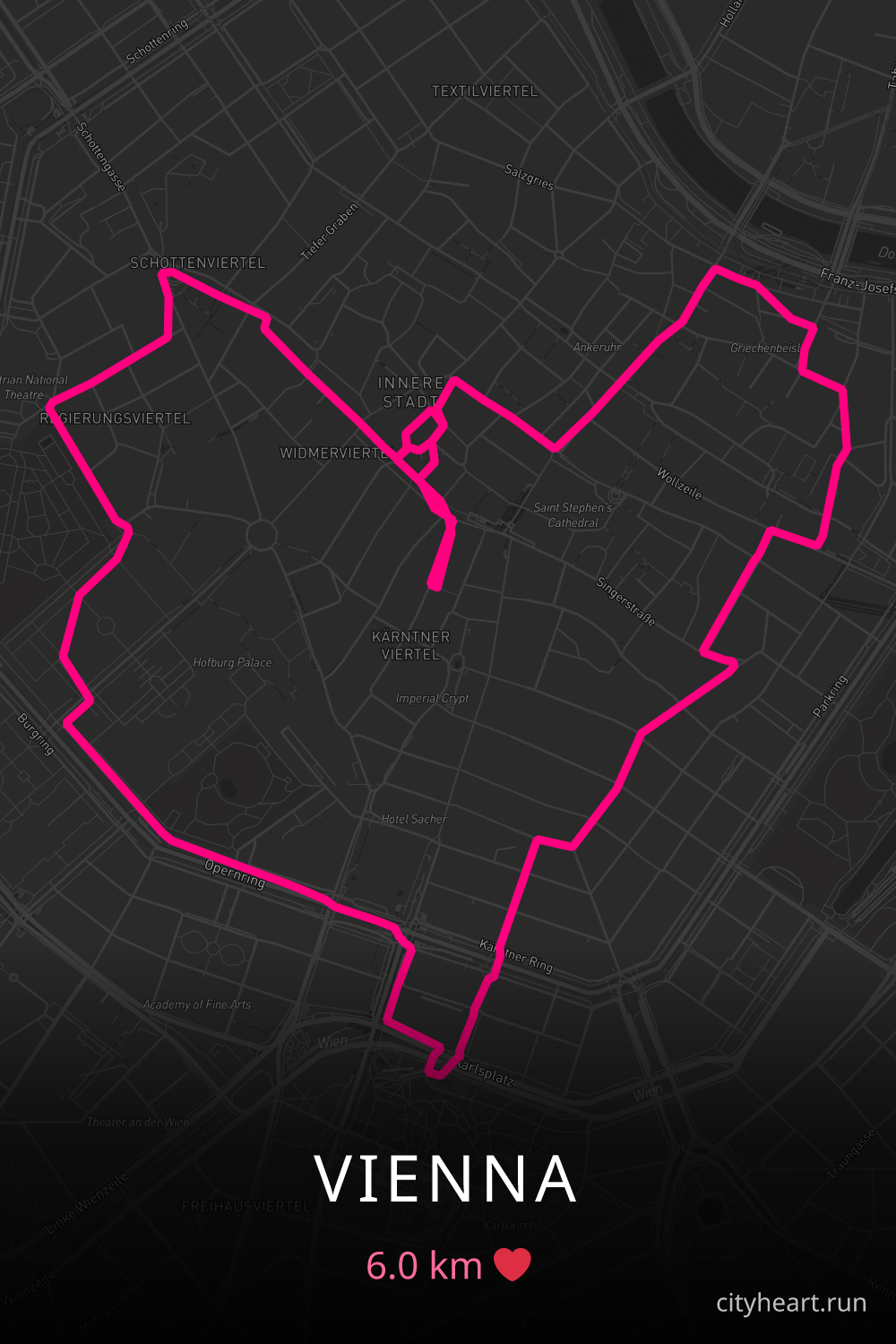 Heart-shaped running route in Vienna, 6.0 km — GPS art for Strava