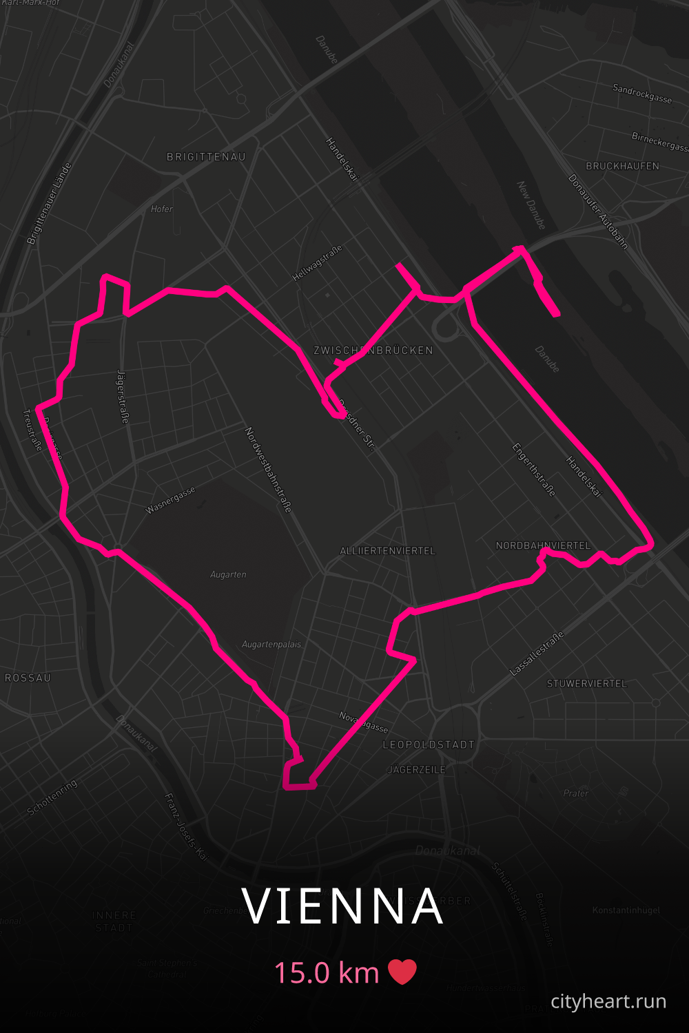Heart-shaped running route in Vienna, 15.0 km — GPS art for Strava