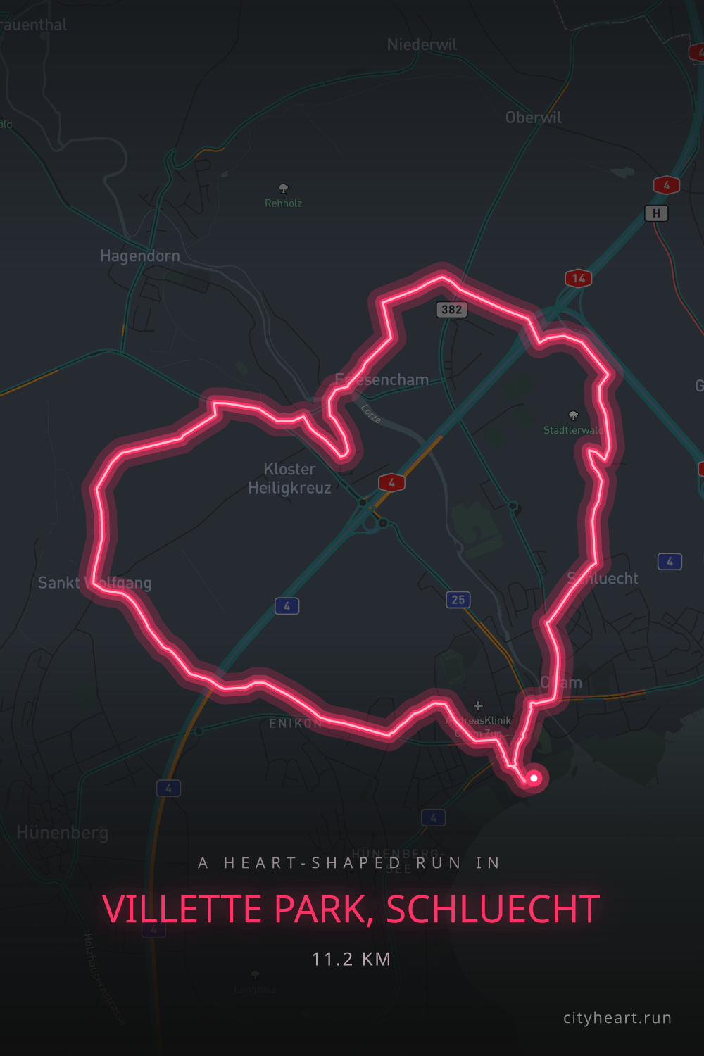 Heart-shaped running route in Villette Park, Schluecht, 12.6 km — GPS art for Strava