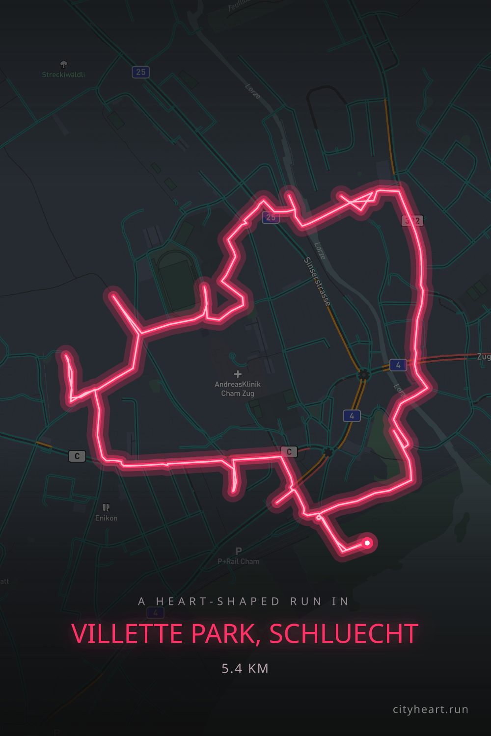Heart-shaped running route in Villette Park, Schluecht, 5.4 km — GPS art for Strava