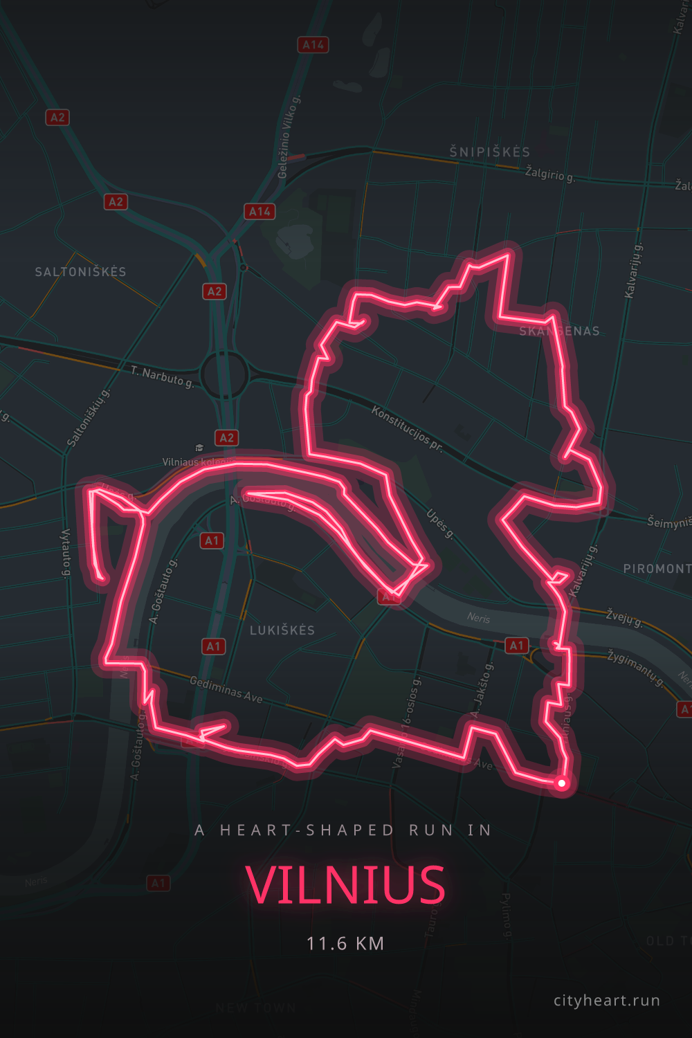 Heart-shaped running route in Vilnius, 11.6 km — GPS art for Strava