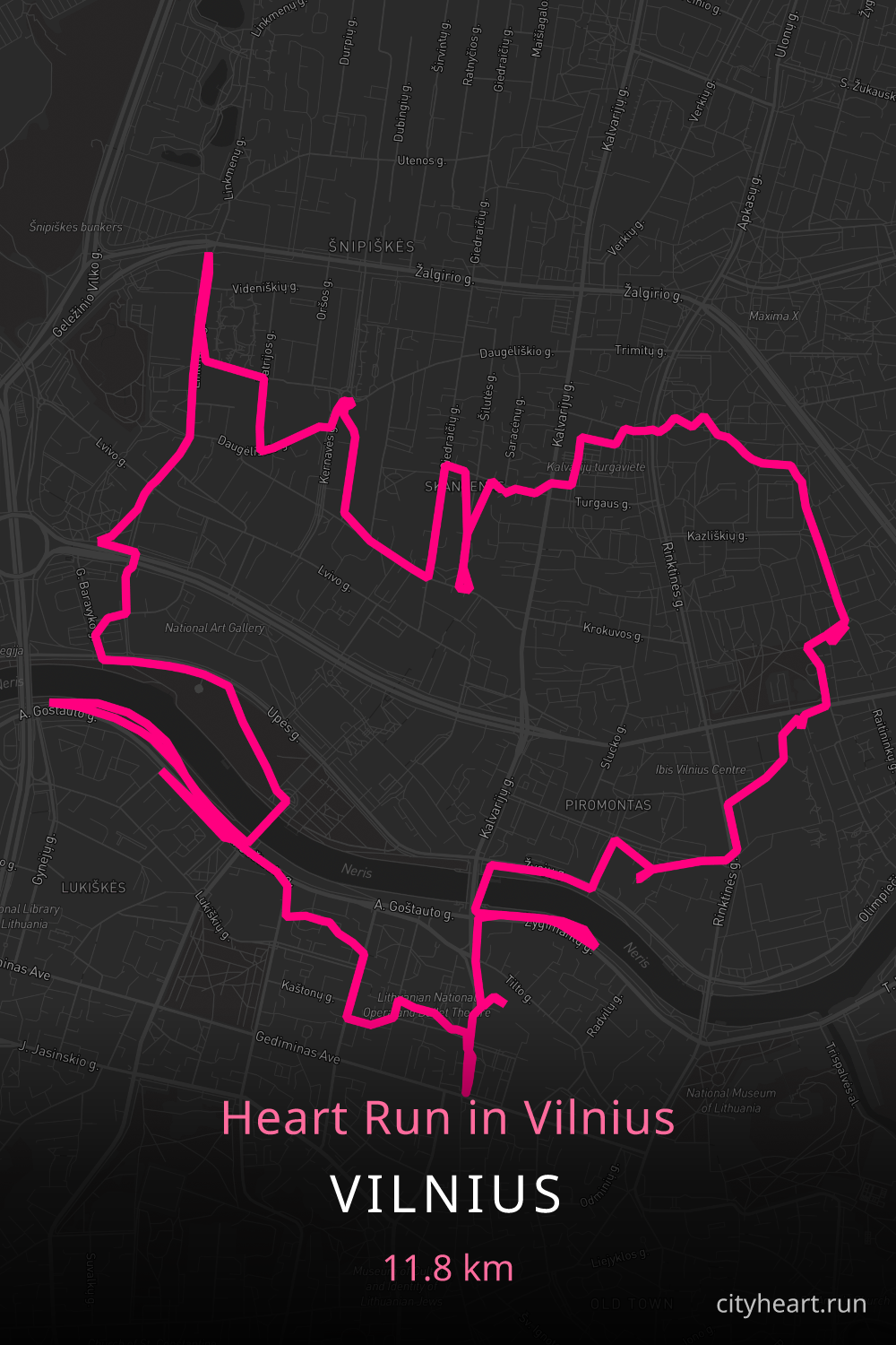 Heart-shaped running route in Vilnius, 11.9 km — GPS art for Strava