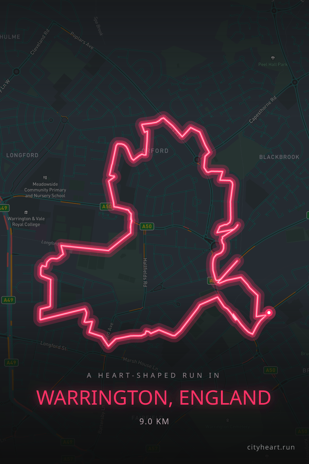 Heart-shaped running route in Warrington, 9.0 km — GPS art for Strava
