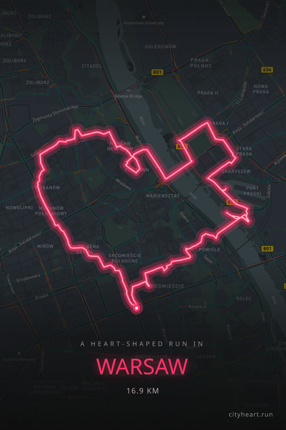 Heart-shaped running route in Warsaw, 17.8 km — GPS art for Strava