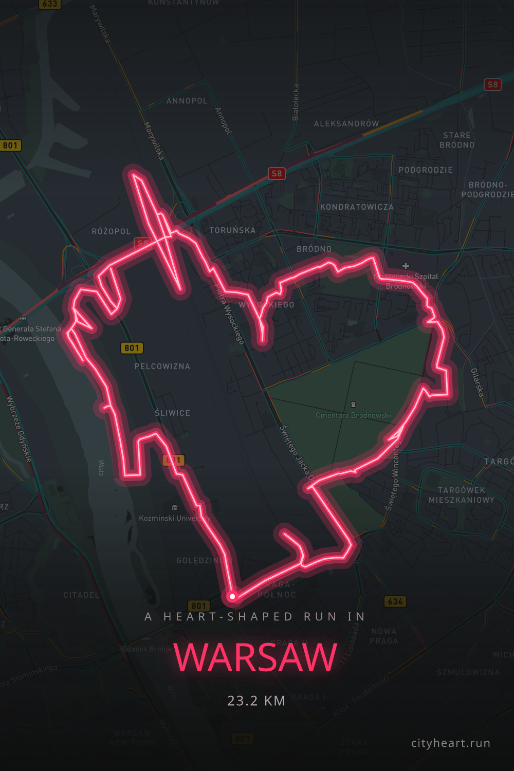 Heart-shaped running route in Warsaw, 25.5 km — GPS art for Strava
