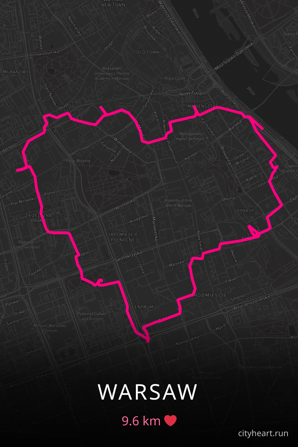 Heart-shaped running route in Warsaw, 9.6 km — GPS art for Strava