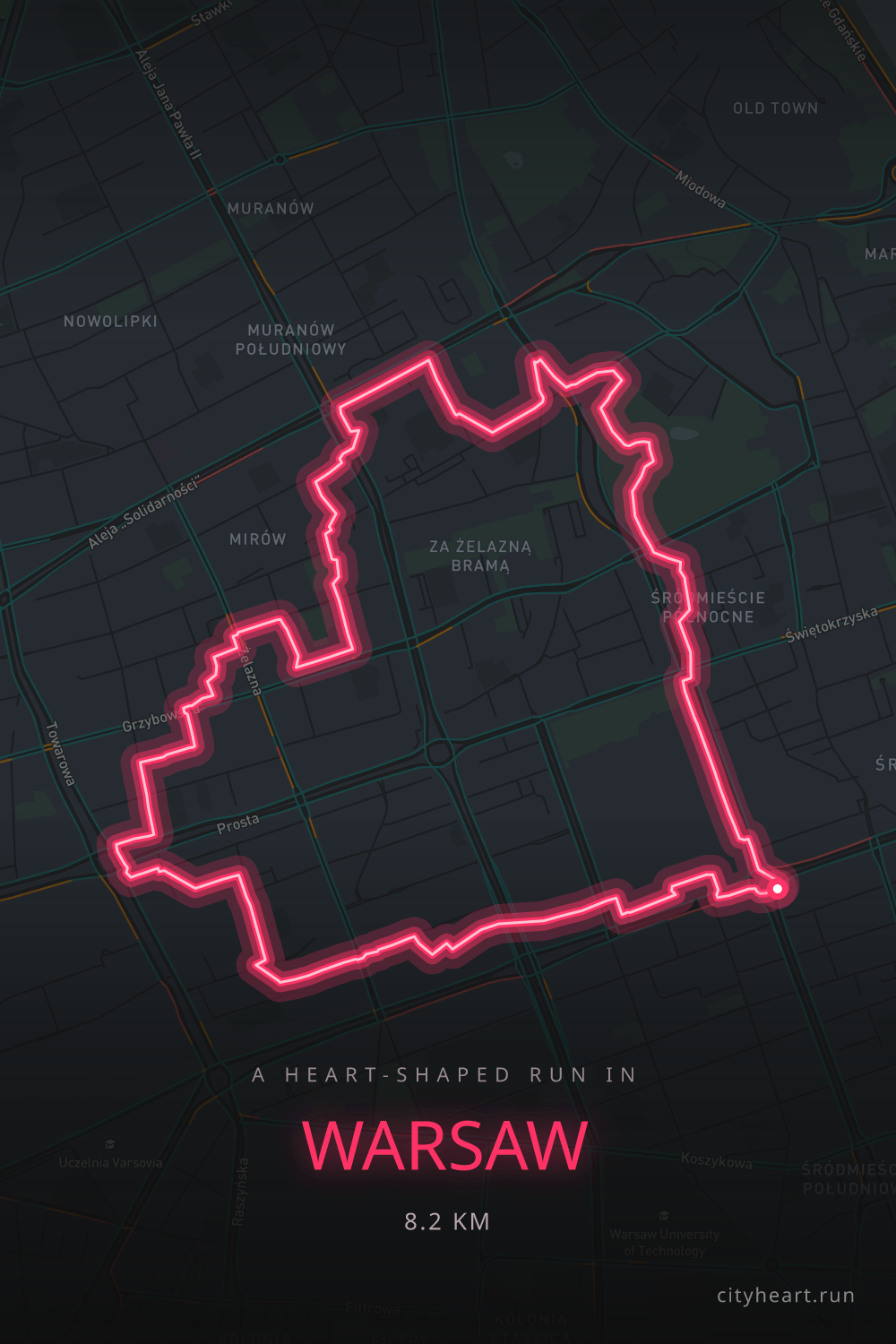 Heart-shaped running route in Warsaw, 8.2 km — GPS art for Strava