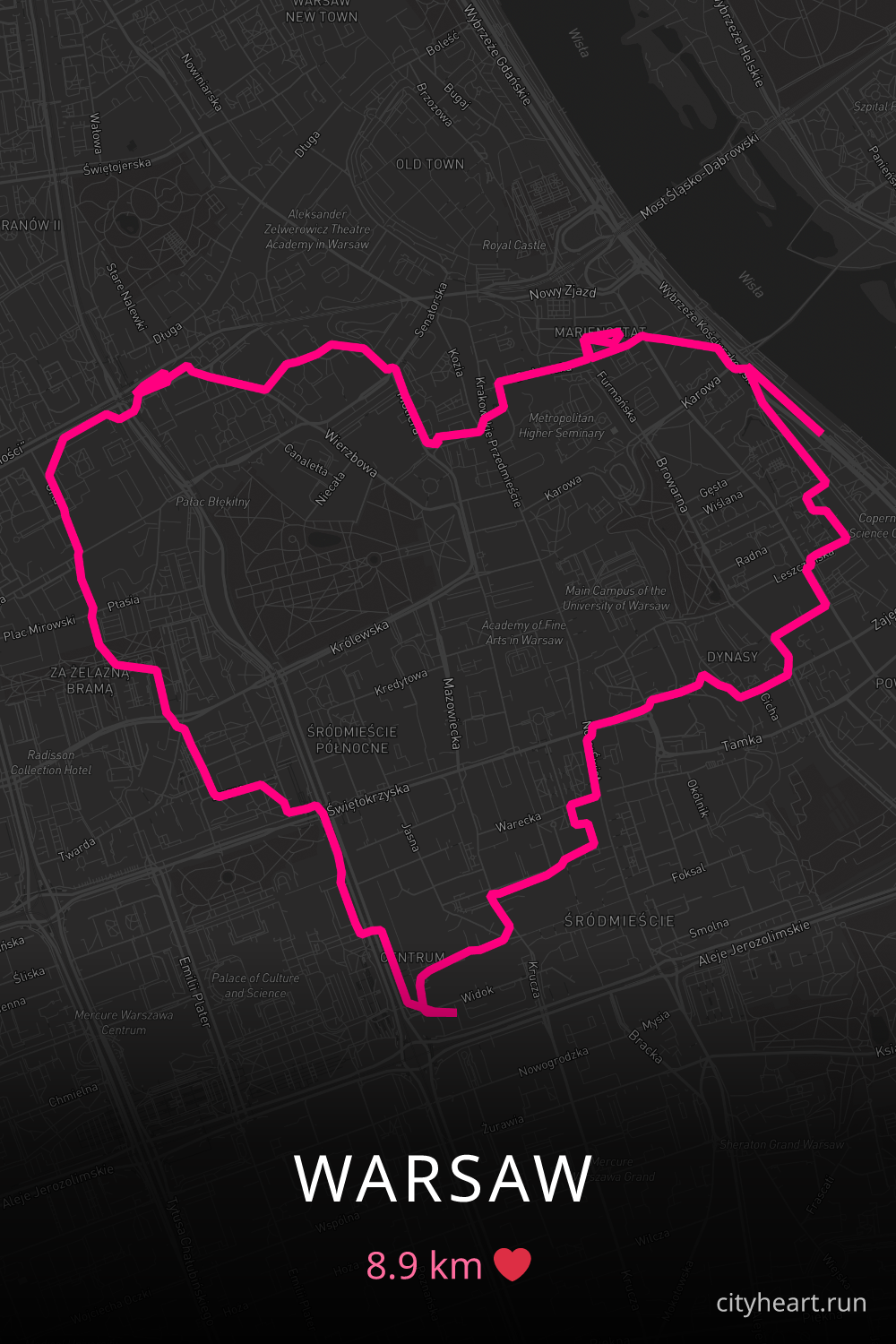 Heart-shaped running route in Warsaw, 8.9 km — GPS art for Strava