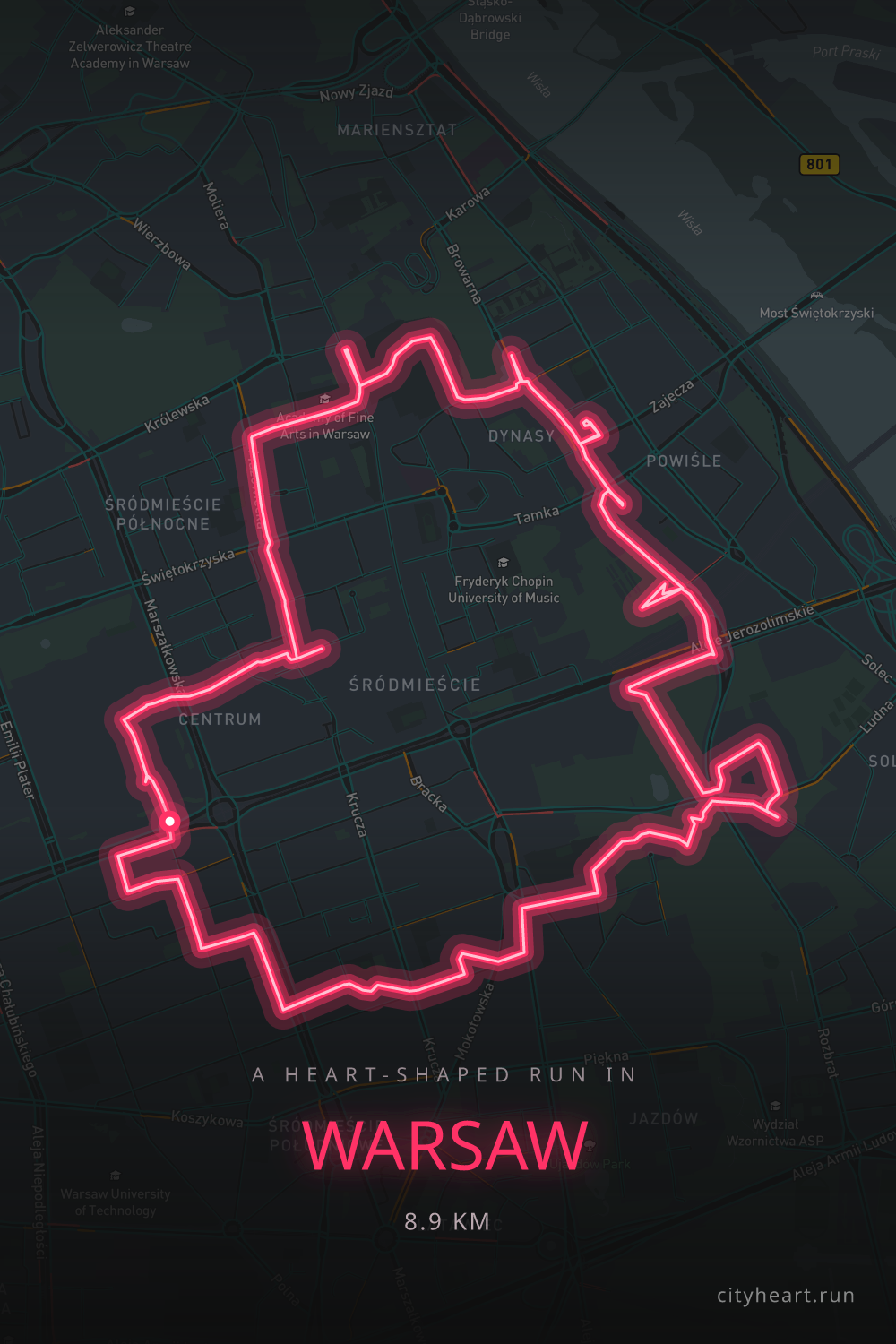 Heart-shaped running route in Warsaw, 10.2 km — GPS art for Strava