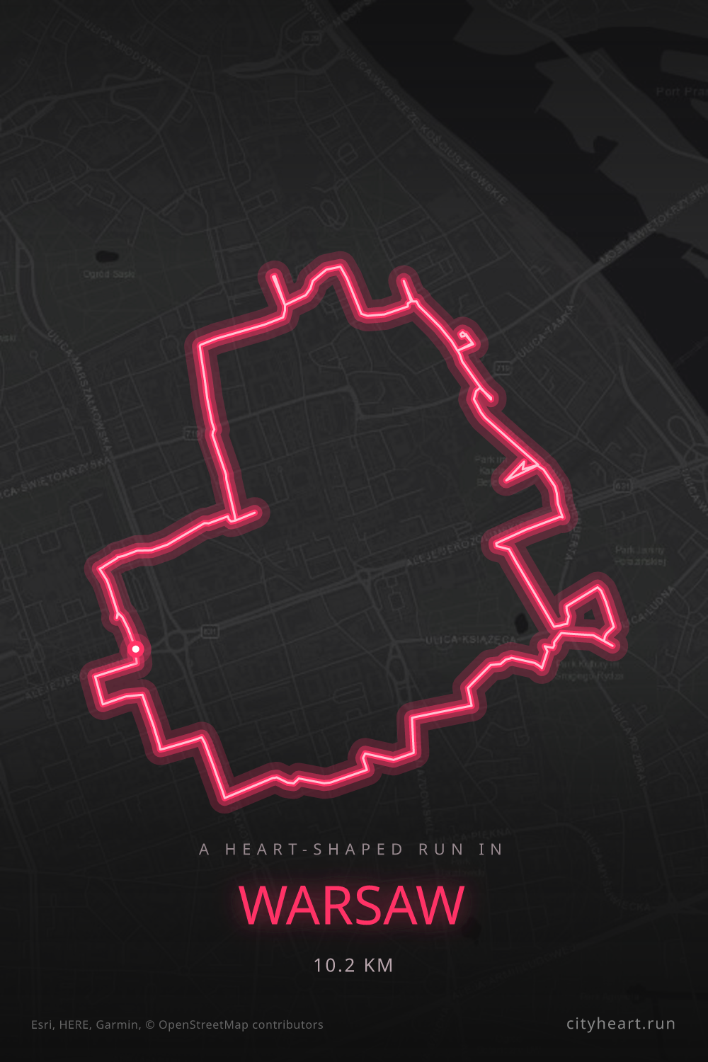 Heart-shaped running route in Warsaw, 10.2 km — GPS art for Strava