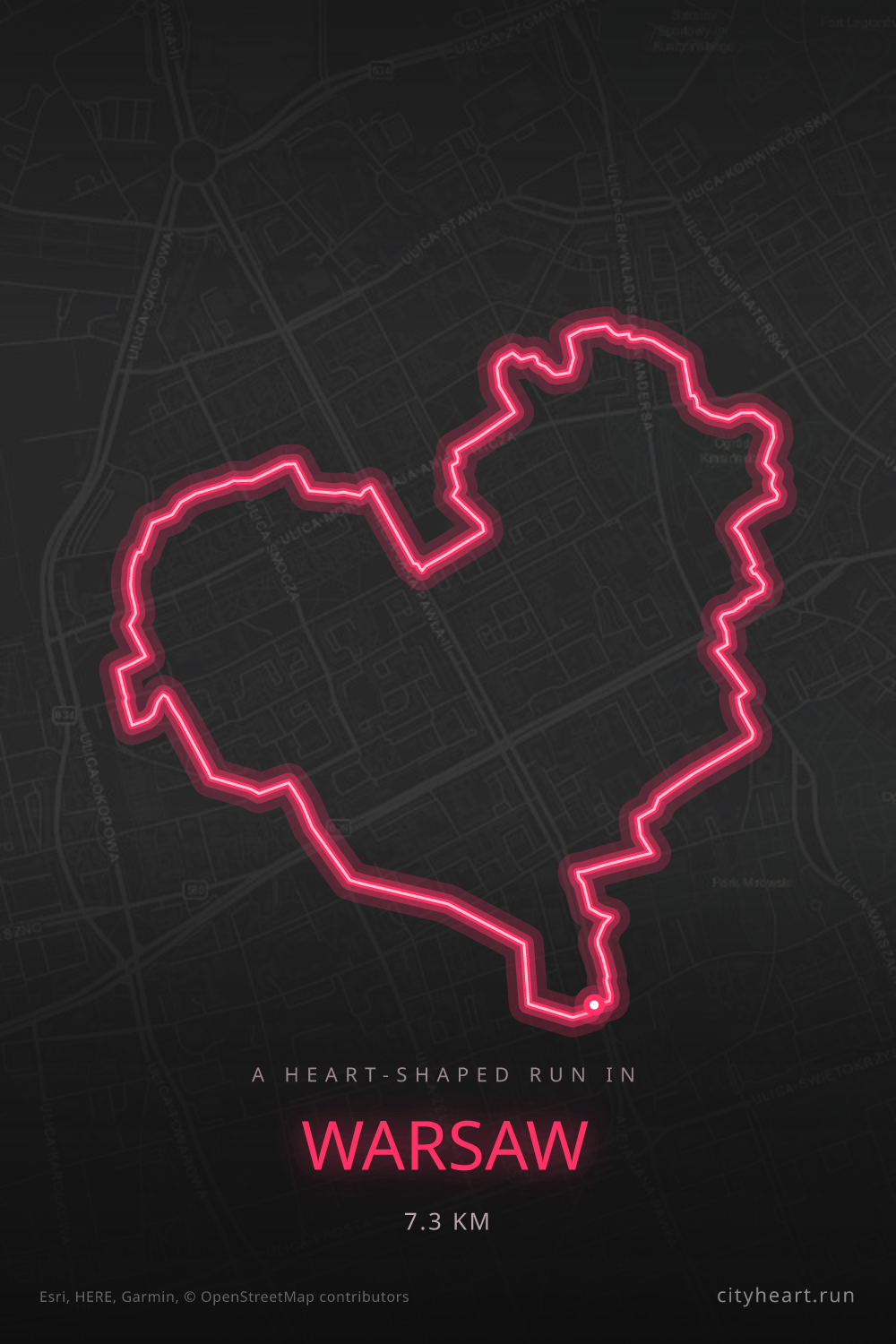 Heart-shaped running route in Warsaw, 7.3 km — GPS art for Strava