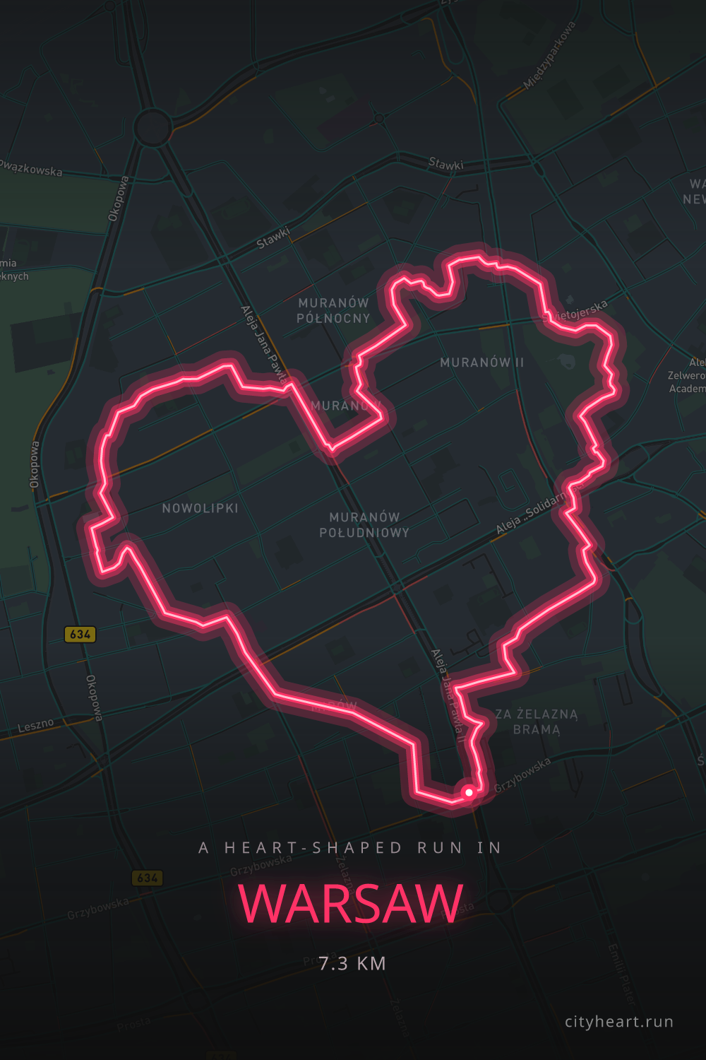Heart-shaped running route in Warsaw, 7.3 km — GPS art for Strava