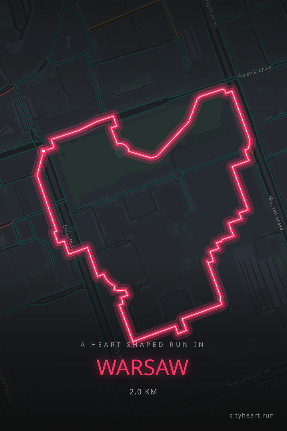 Heart-shaped running route in Warsaw, 2.0 km — GPS art for Strava