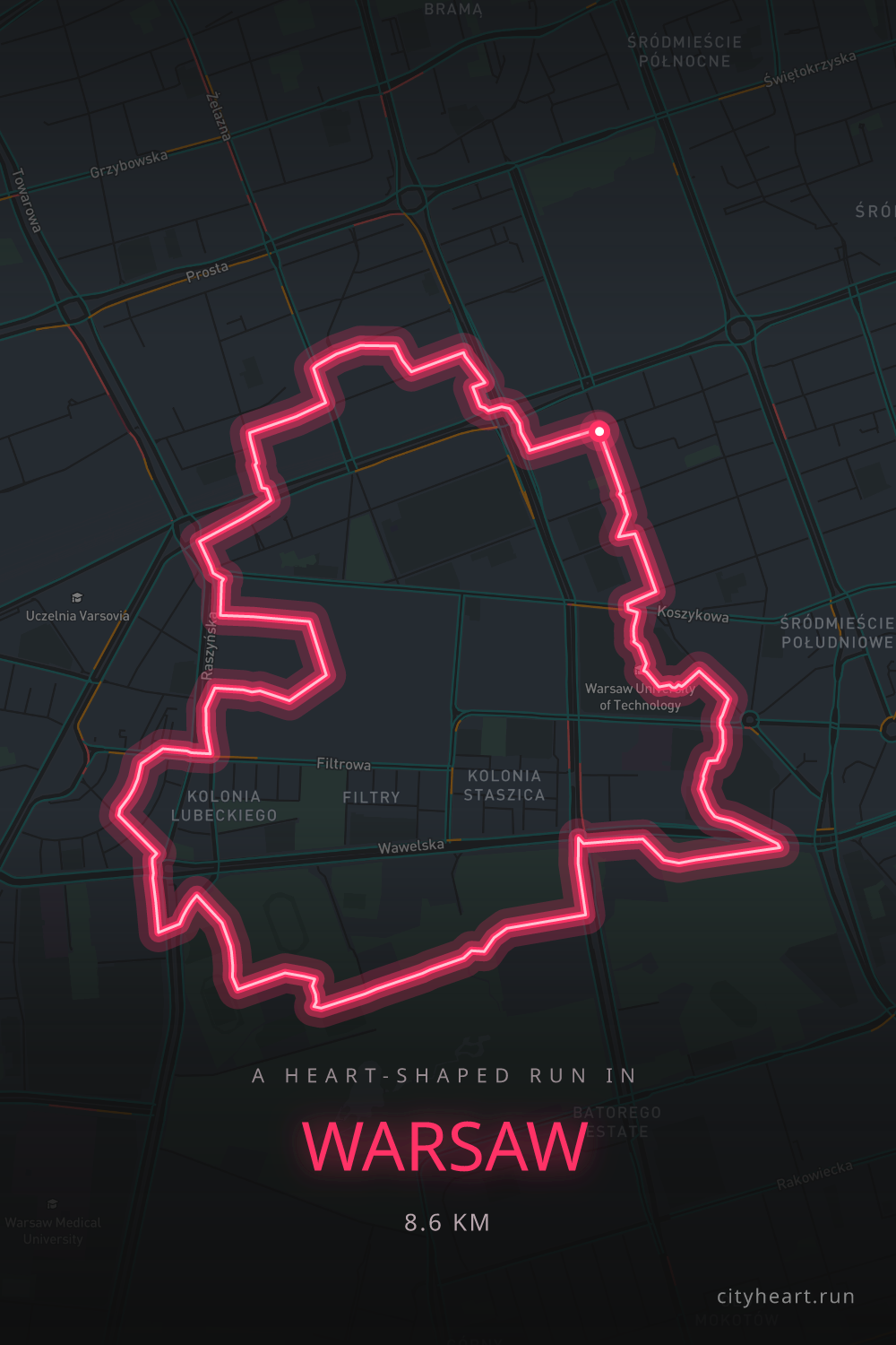 Heart-shaped running route in Warsaw, 8.7 km — GPS art for Strava