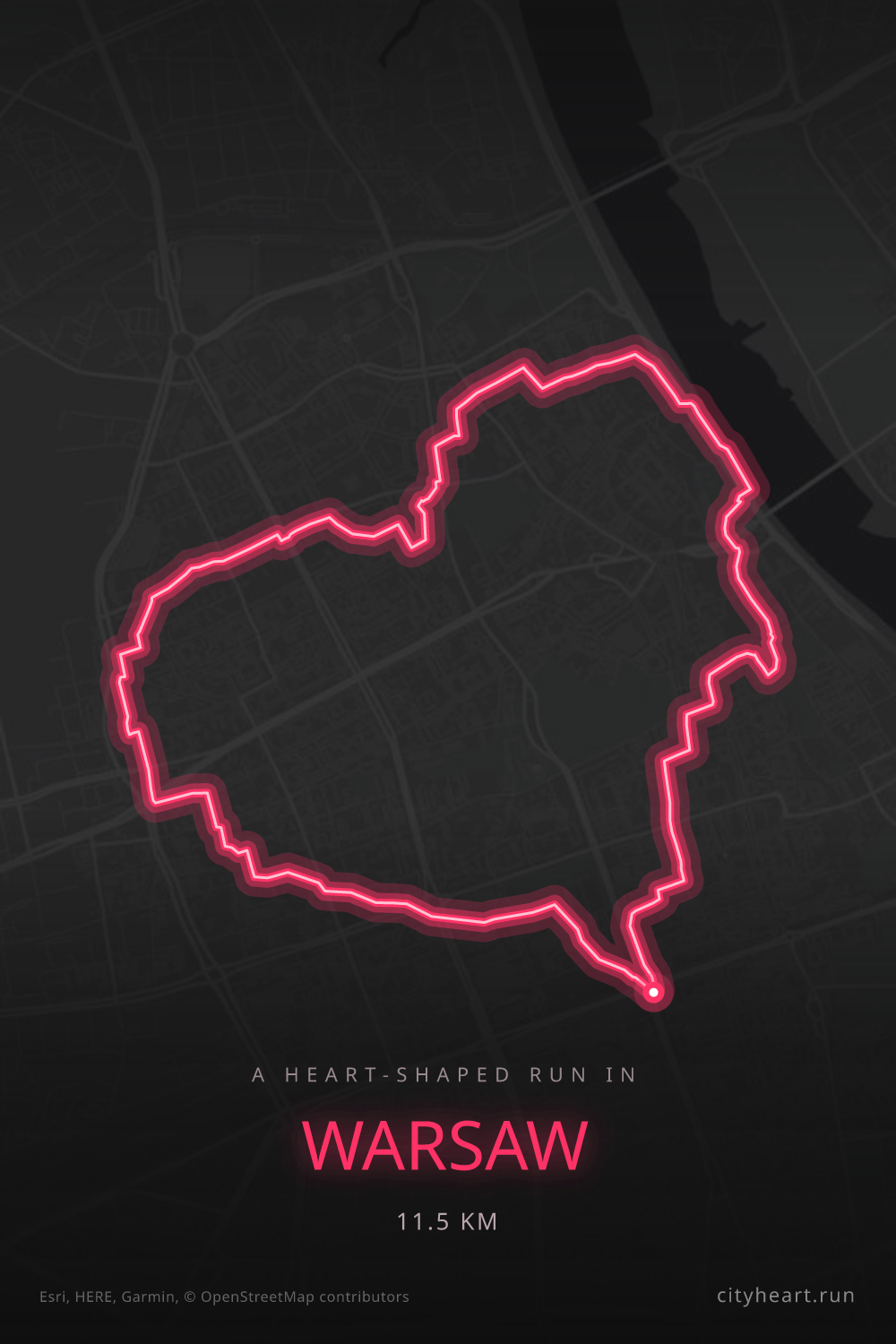 Heart-shaped running route in Warsaw, 11.5 km — GPS art for Strava