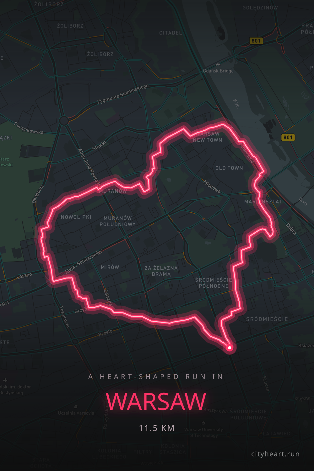 Heart-shaped running route in Warsaw, 11.5 km — GPS art for Strava