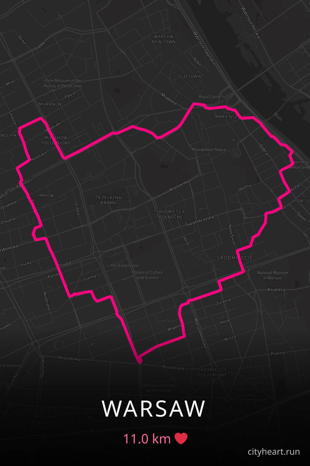 Heart-shaped running route in Warsaw, 11.0 km — GPS art for Strava