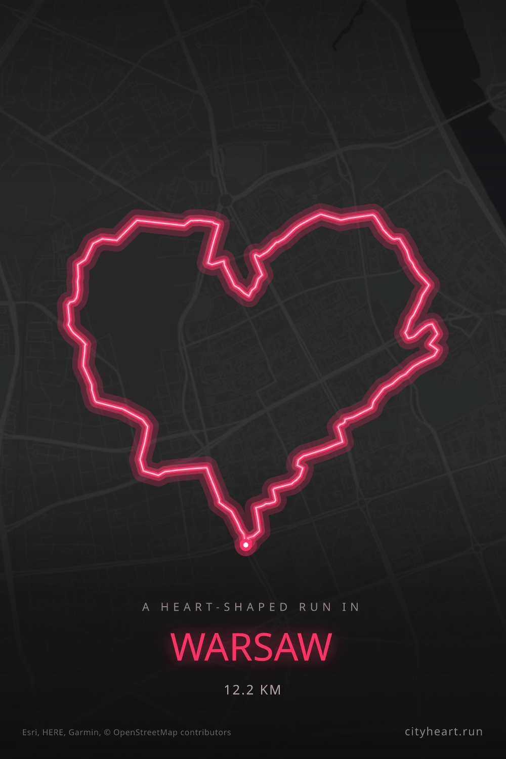 Heart-shaped running route in Warsaw, 12.2 km — GPS art for Strava