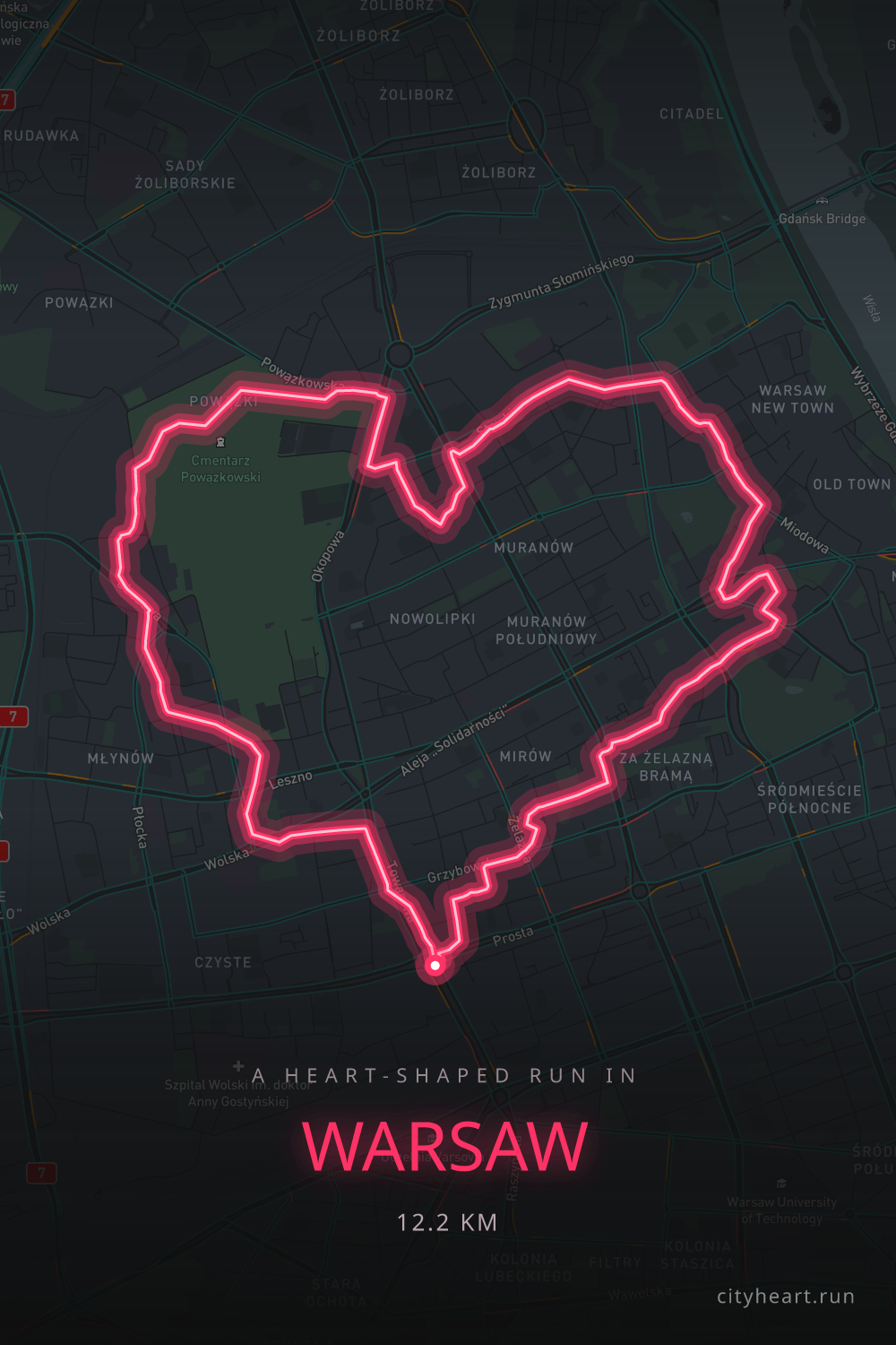 Heart-shaped running route in Warsaw, 12.2 km — GPS art for Strava