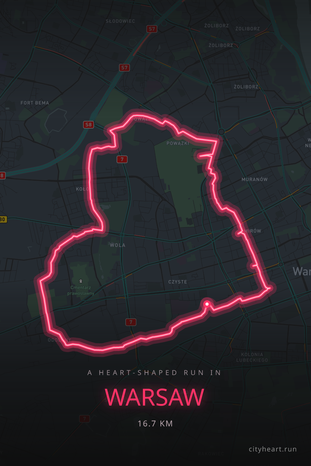 Heart-shaped running route in Warsaw, 16.7 km — GPS art for Strava