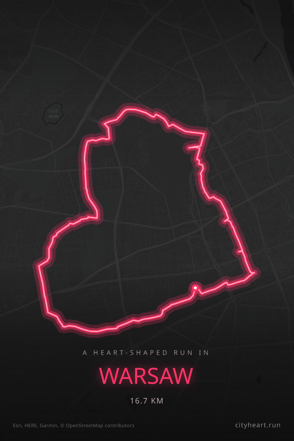 Heart-shaped running route in Warsaw, 16.7 km — GPS art for Strava