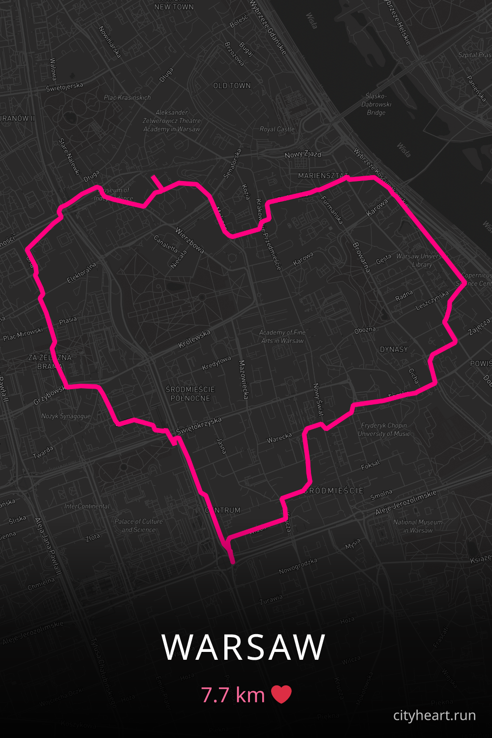 Heart-shaped running route in Warsaw, 7.7 km — GPS art for Strava