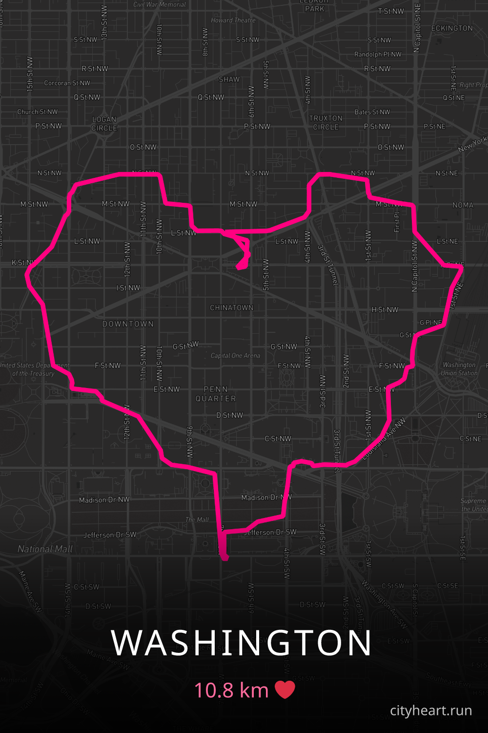 Heart-shaped running route in Washington, 10.8 km — GPS art for Strava