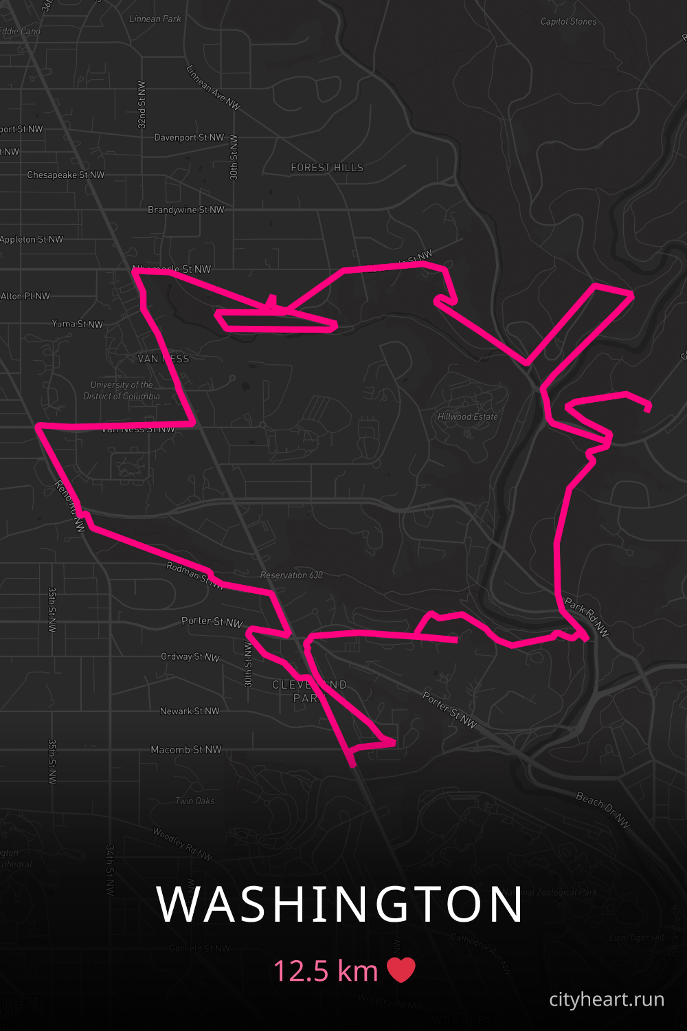 Heart-shaped running route in Washington, 12.5 km — GPS art for Strava