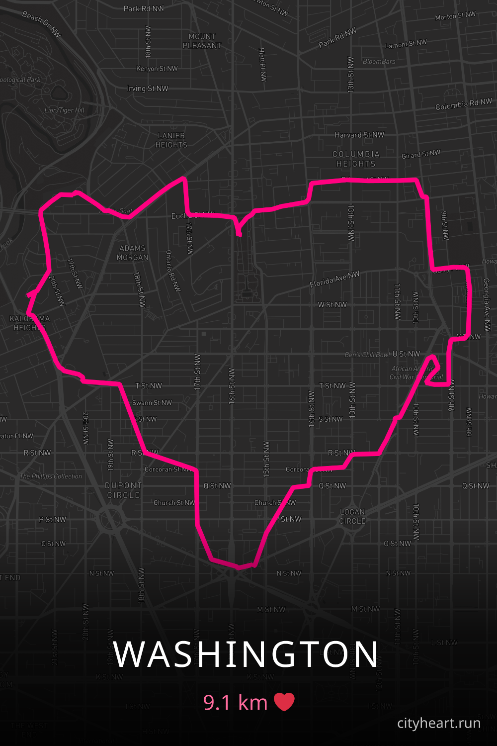 Heart-shaped running route in Washington, 9.1 km — GPS art for Strava