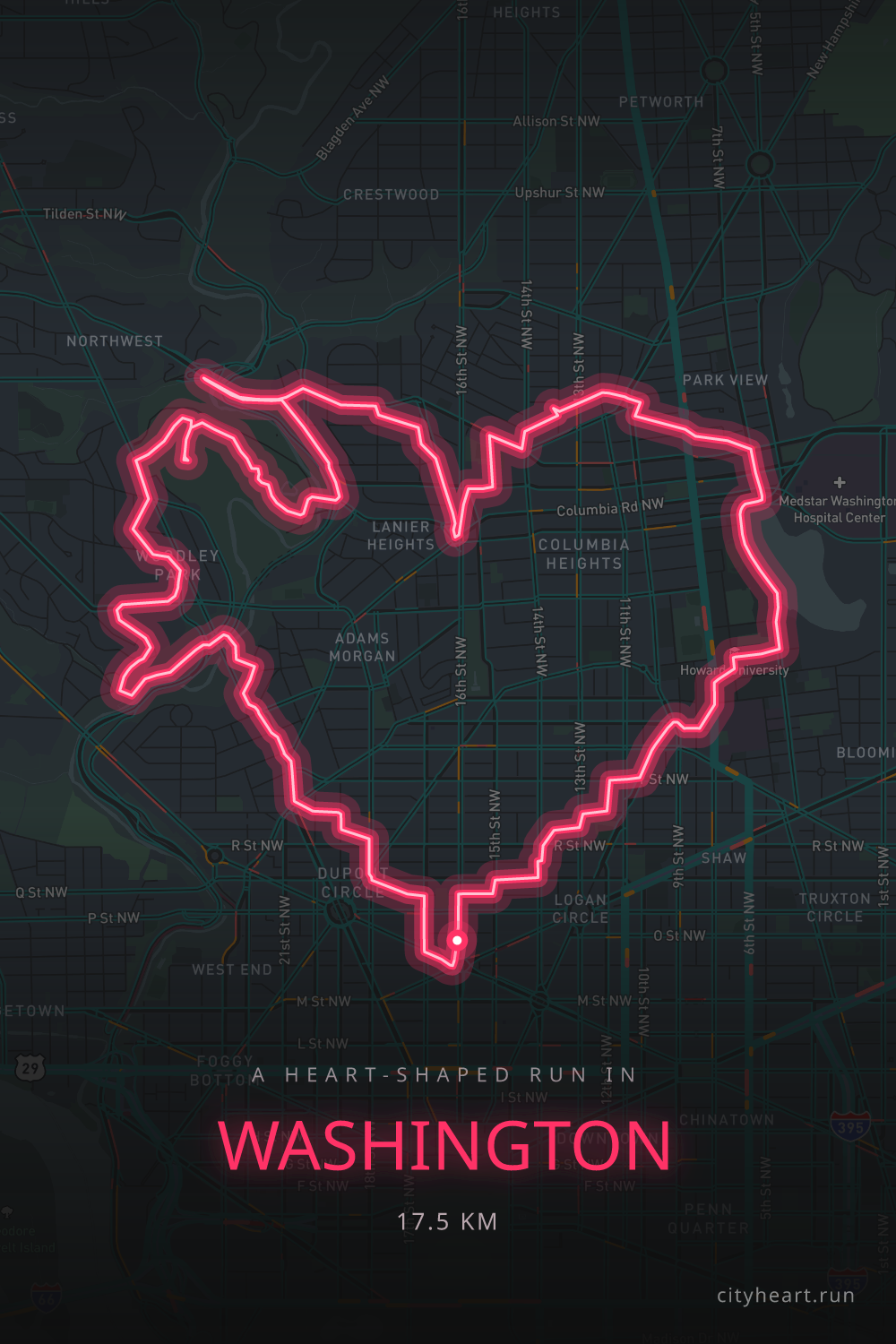Heart-shaped running route in Washington, 18.3 km — GPS art for Strava