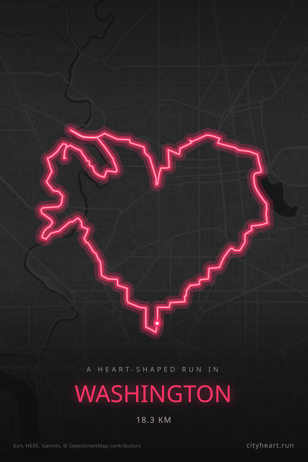 Heart-shaped running route in Washington, 18.3 km — GPS art for Strava