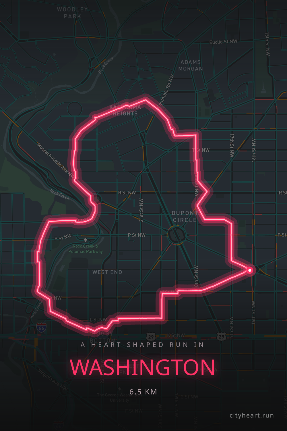 Heart-shaped running route in Washington, 6.5 km — GPS art for Strava