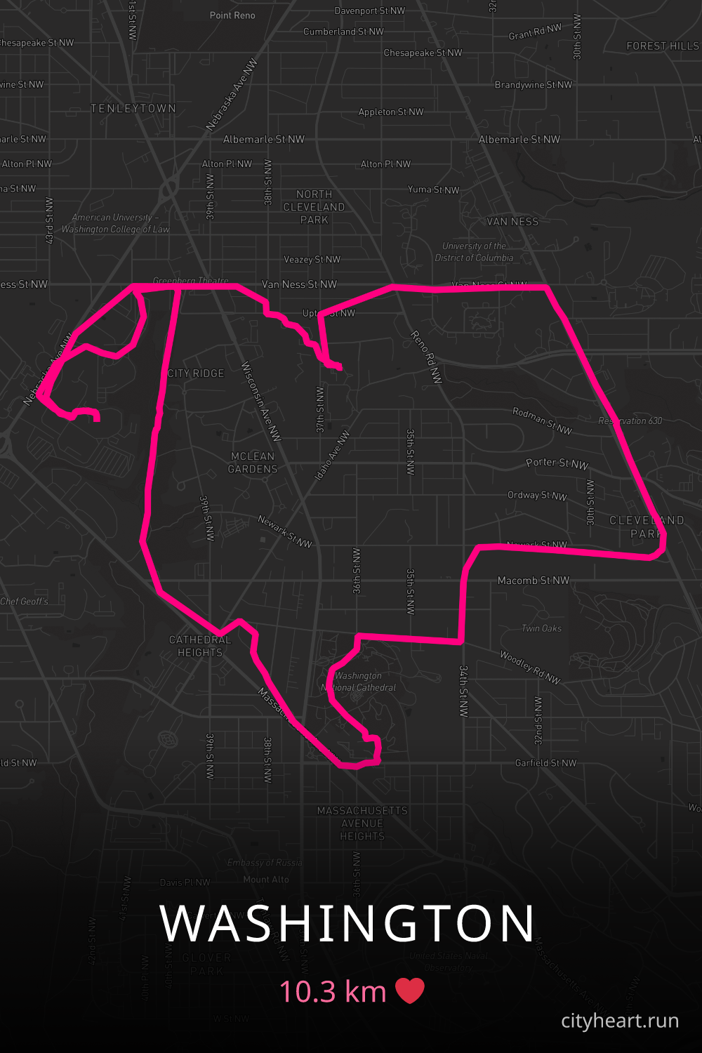 Heart-shaped running route in Washington, 10.3 km — GPS art for Strava
