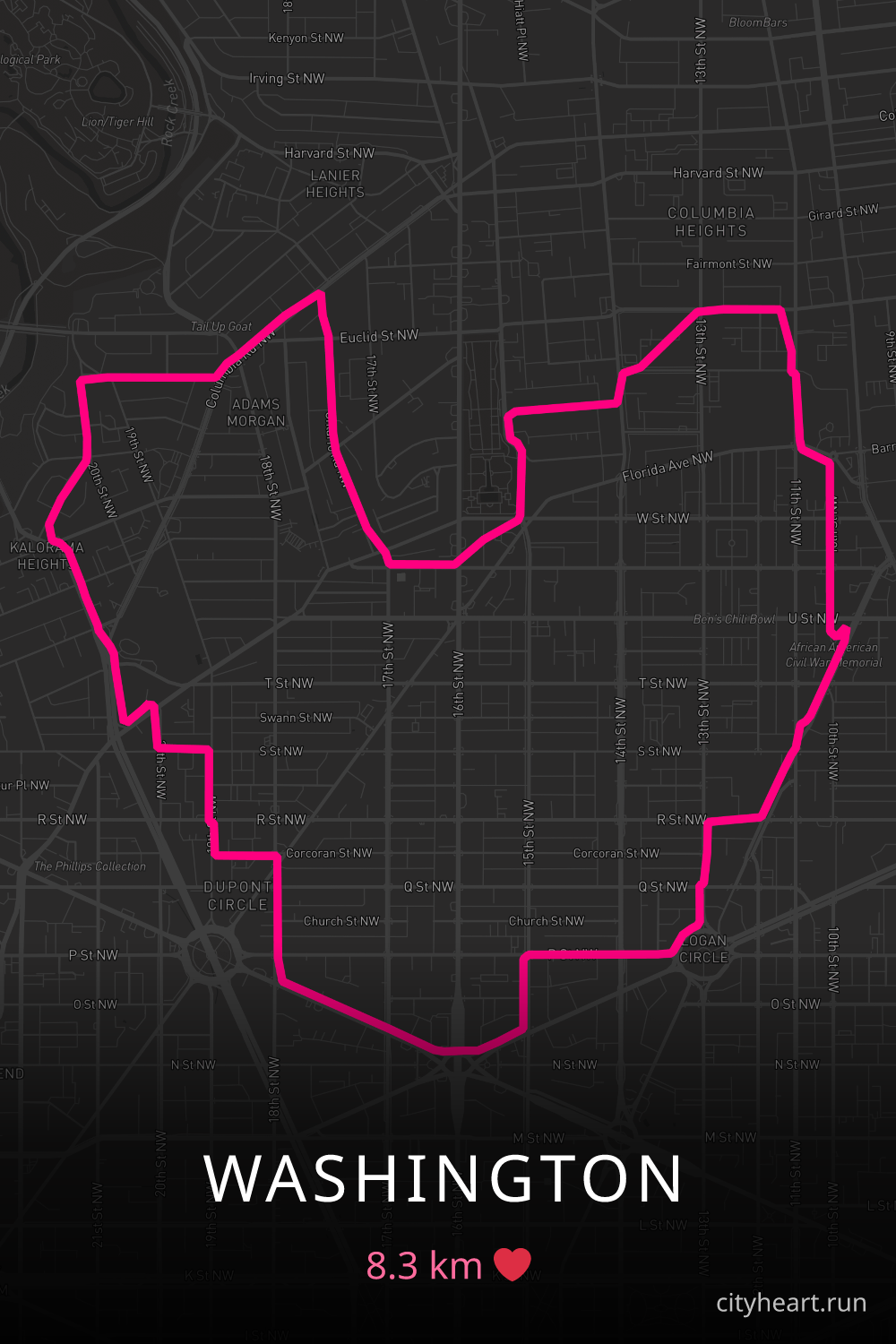 Heart-shaped running route in Washington, 8.3 km — GPS art for Strava