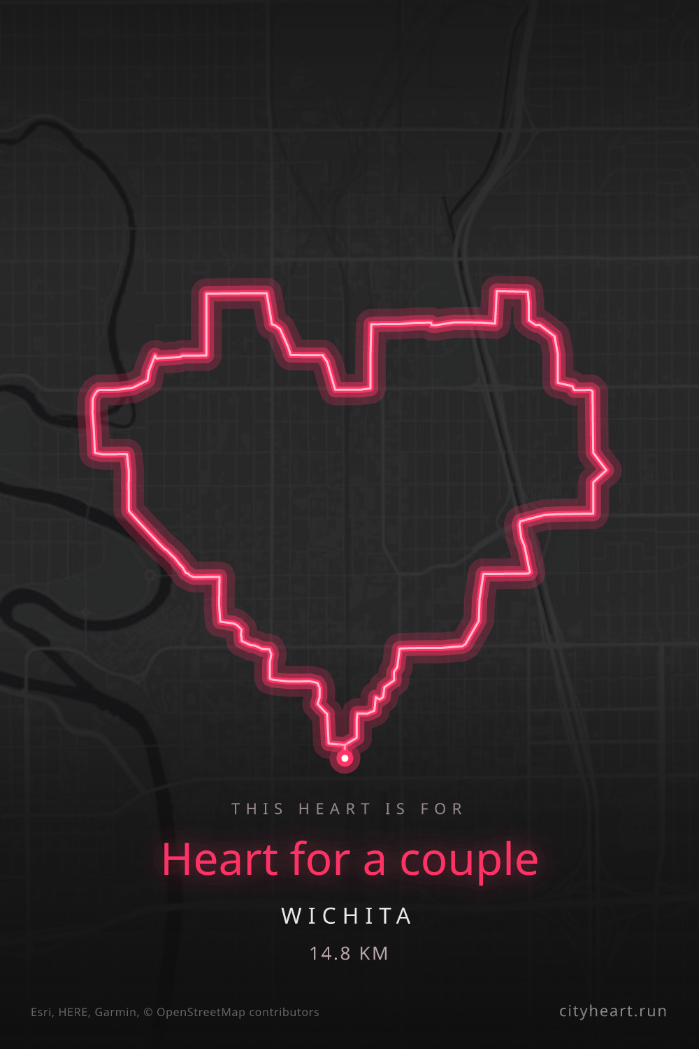 Heart-shaped running route in Wichita, 14.8 km — GPS art for Strava