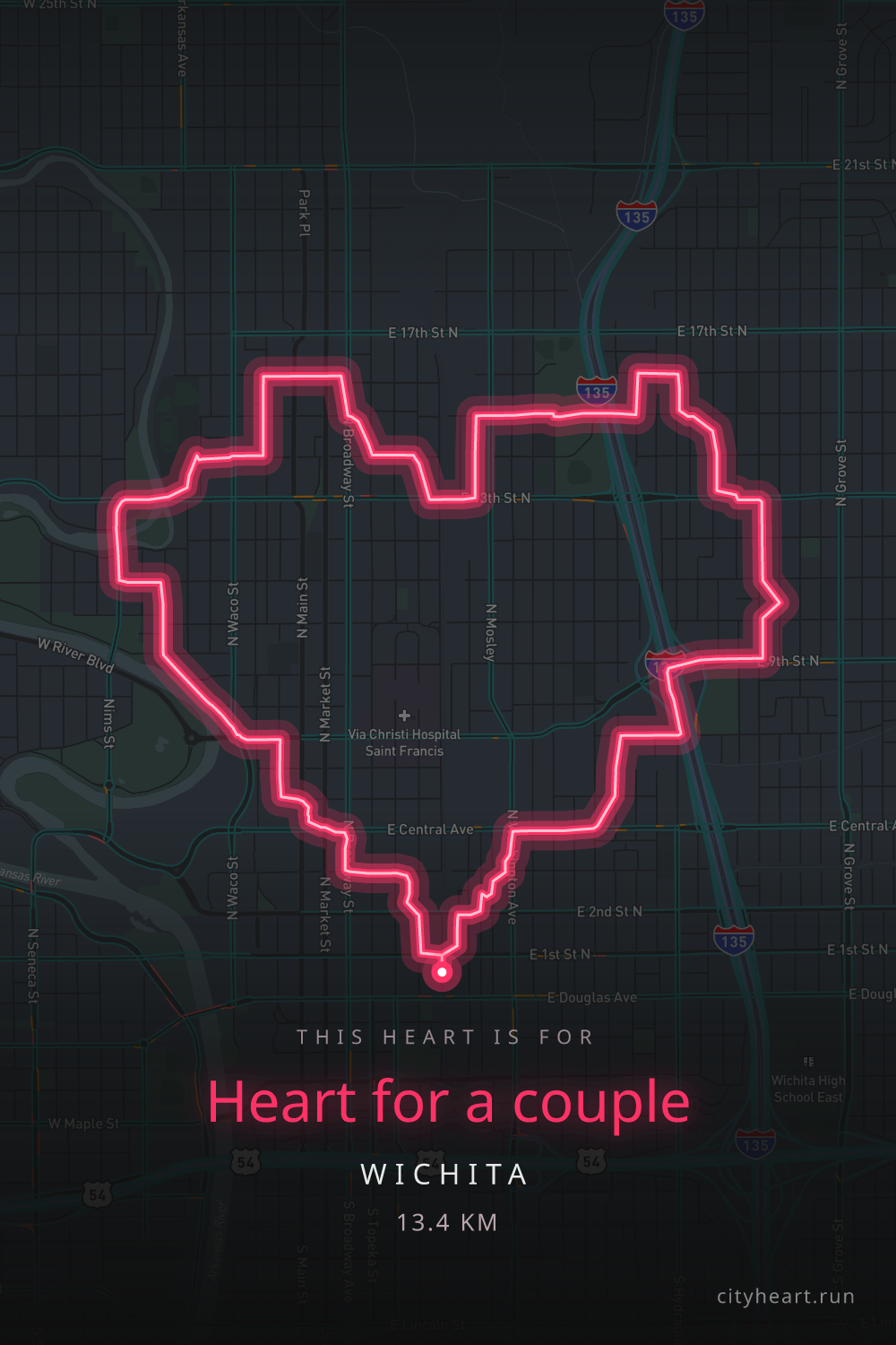Heart-shaped running route in Wichita, 14.8 km — GPS art for Strava