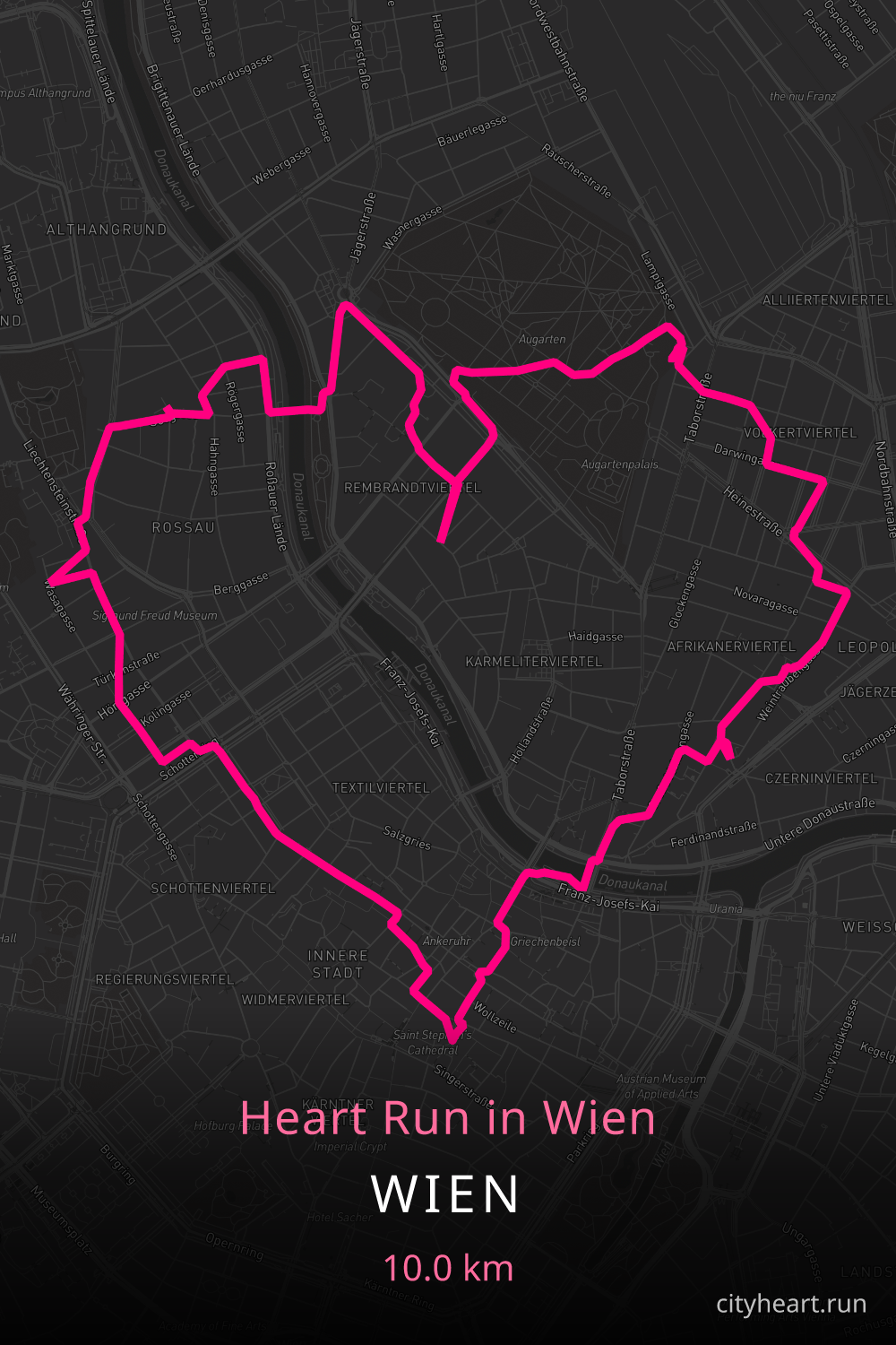Heart-shaped running route in Wien, 10.0 km — GPS art for Strava